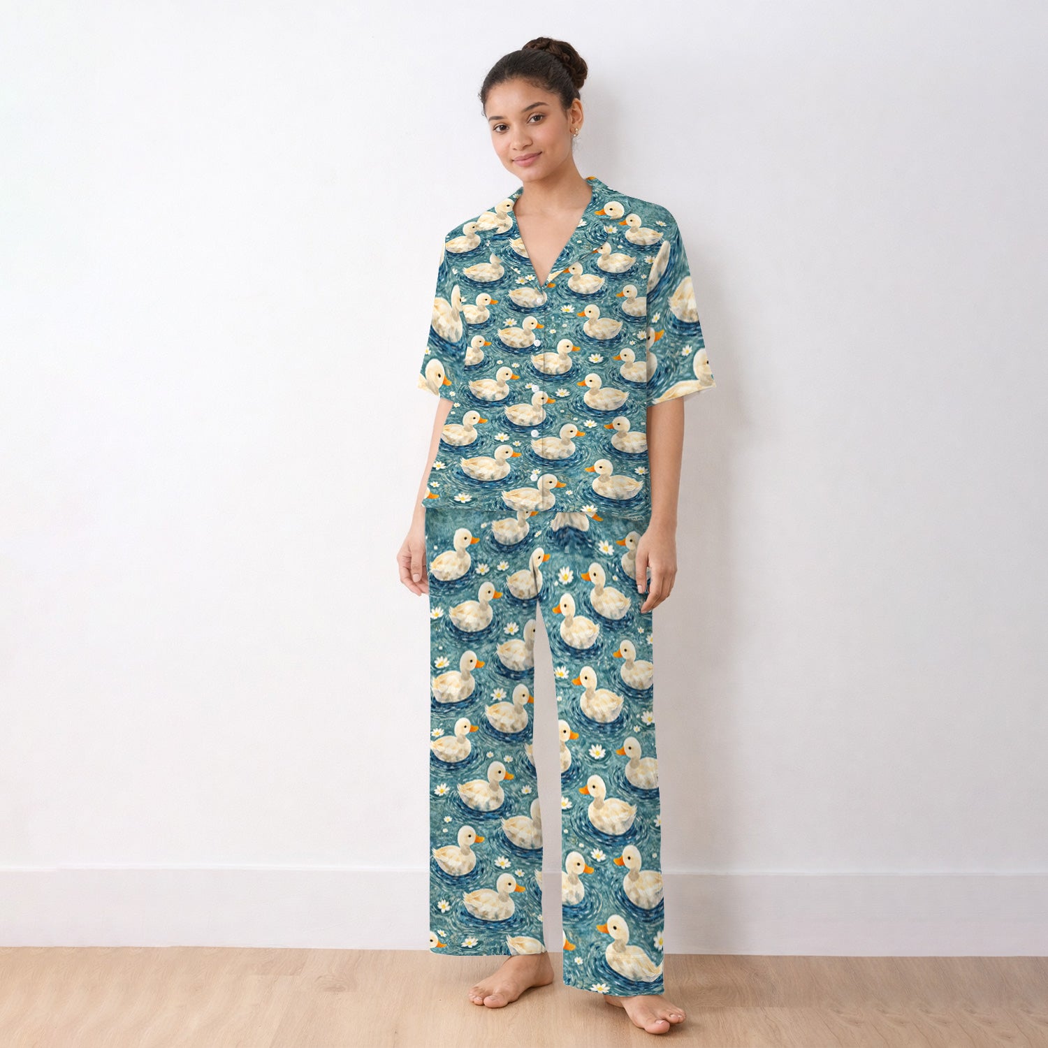Charming Duck Pond Pattern Pajama Set, Soft Breathable Fabric Comfortable Sleepwear
