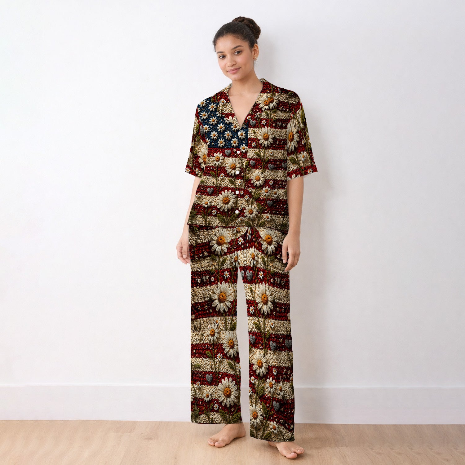 American Flag Daisy Floral Knit Texture Pattern Pajama Set, Breathable Fabrics Uniform
