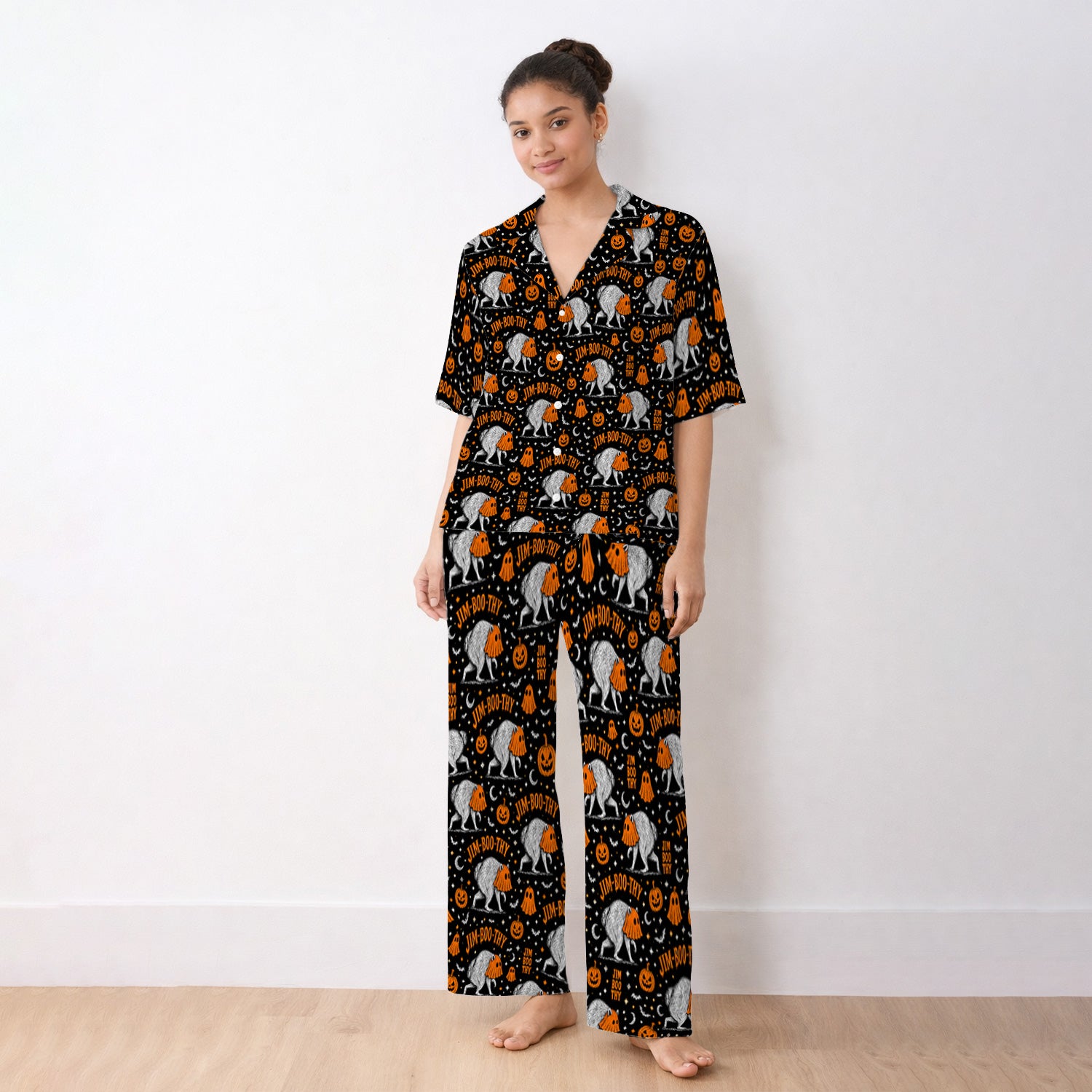 Funny Halloween Ghost Jimothy Pattern Pajama Set, Soft Breathable Fabric Comfortable Sleepwear