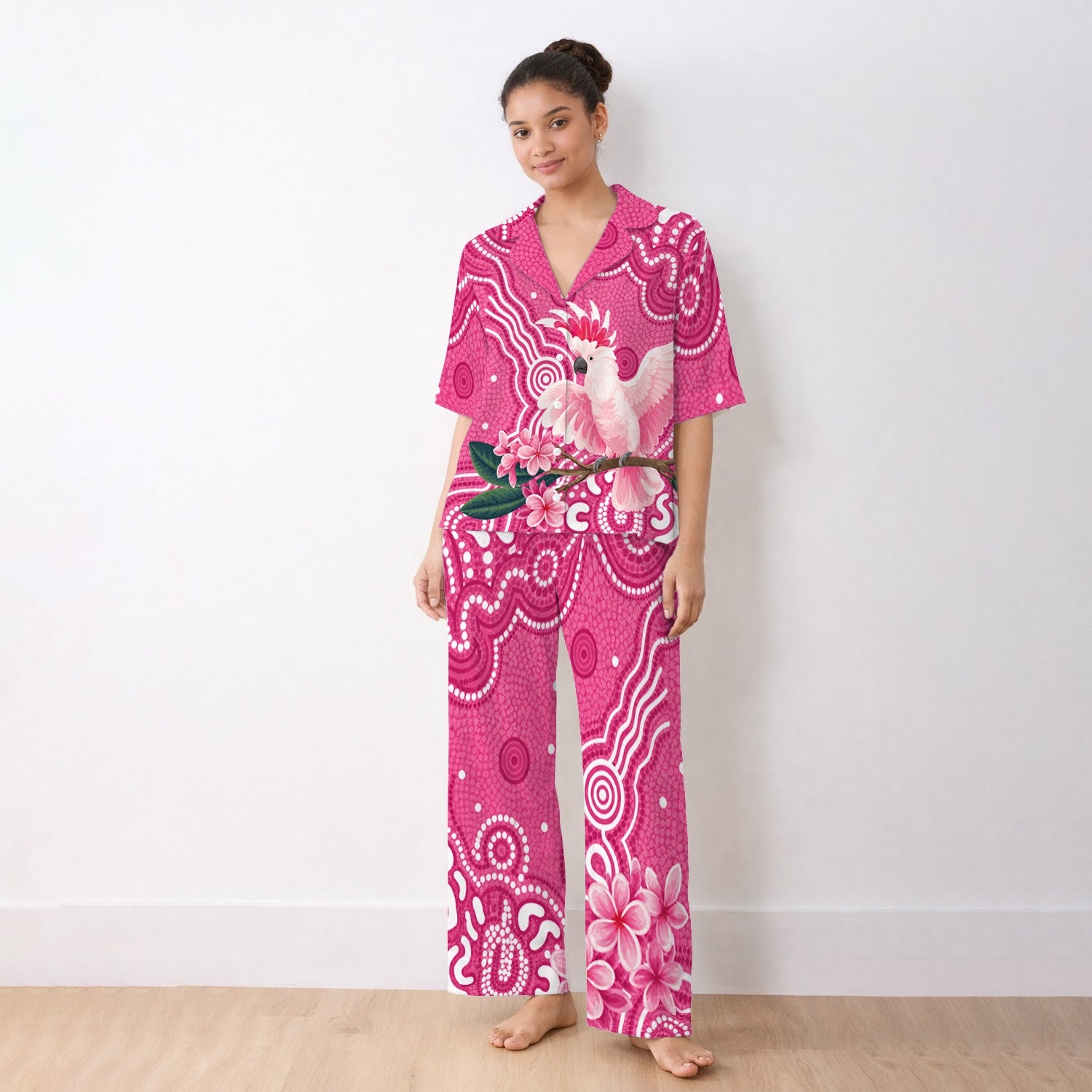 Pink Cockatoo Floral Dot Pattern Pajama Set, Soft Breathable Fabric Comfortable Sleepwear