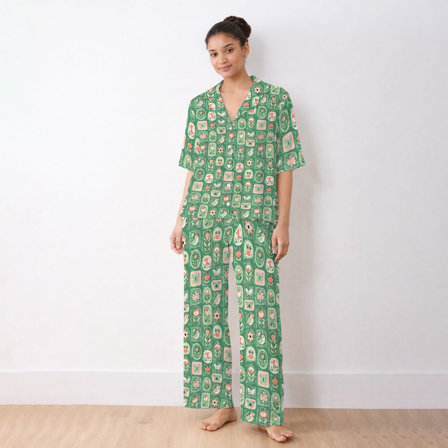 Folk Art Floral Bird Butterfly Garden Pattern Pajama Set, Soft Breathable Sleepwear