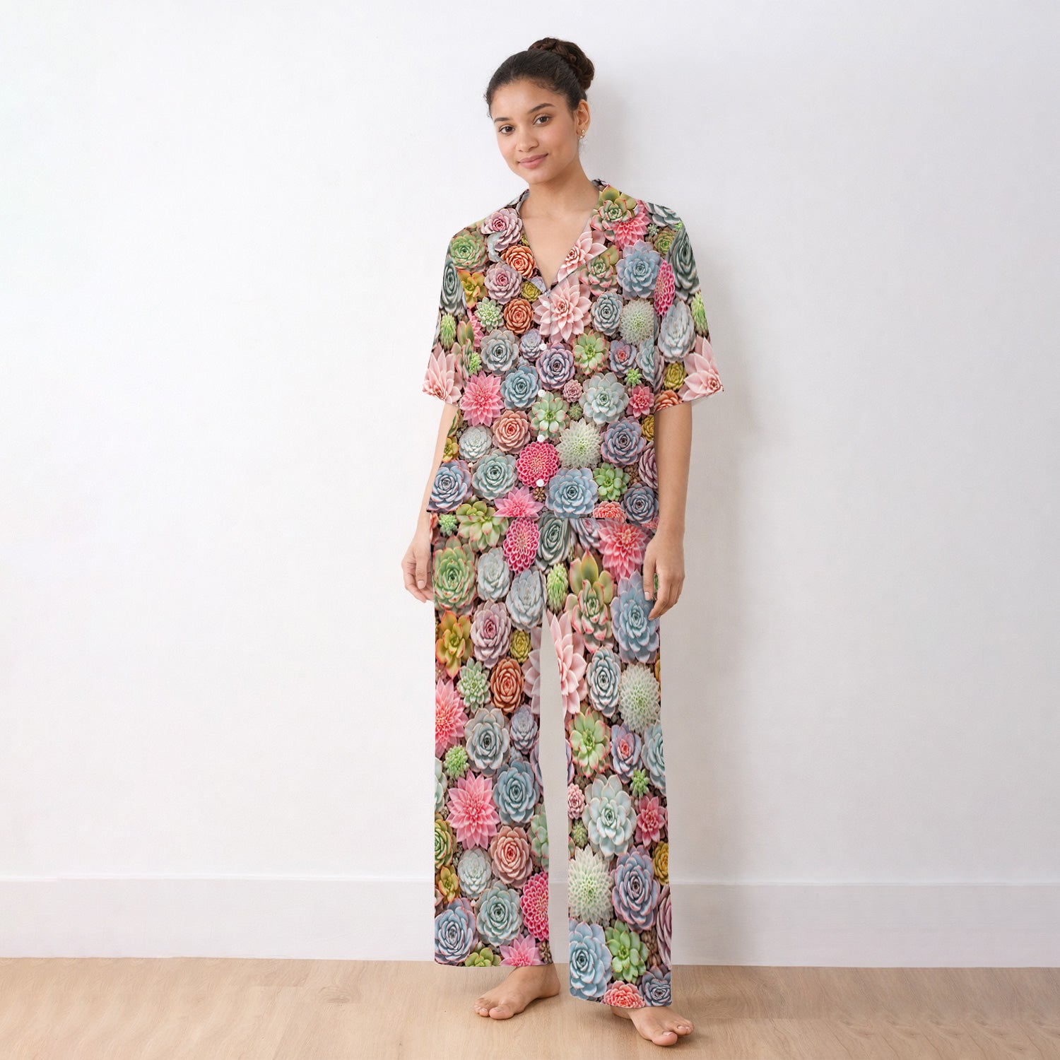 Cute Pastel Succulent Blossom Pattern Pajama Set, Soft Breathable Fabric Comfortable Sleepwear