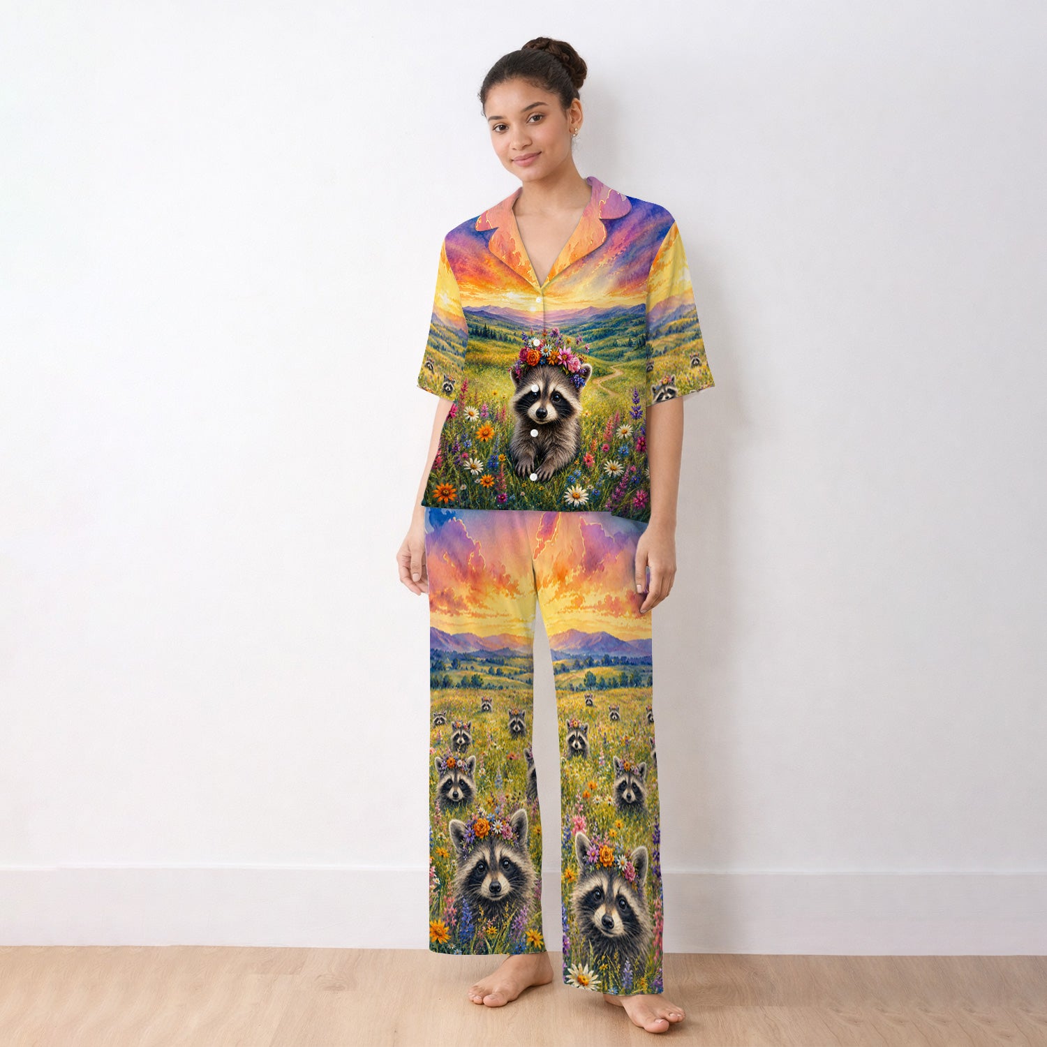 Floral Raccoon Meadow Veterinary Nurse Pattern Pajama Set, Soft Breathable Fabric Comfortable Sleepwear
