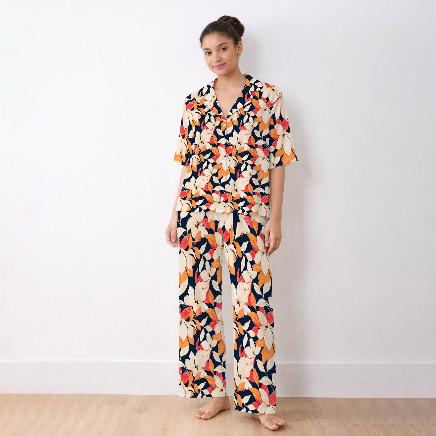 Elegant Ivory Lily Leaves Pattern Pajama Set, Soft Breathable Fabric Comfortable Sleepwear