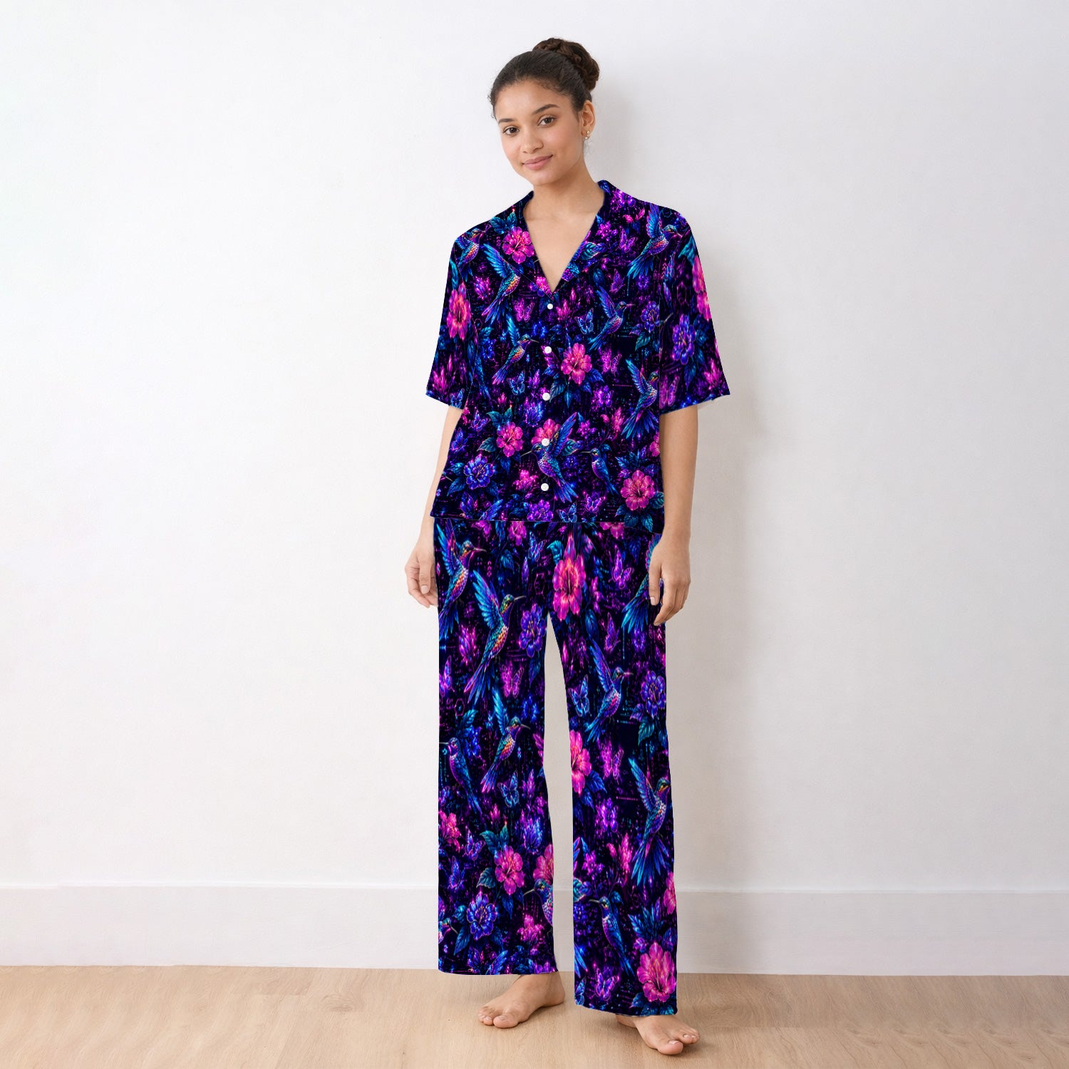 Neon Hummingbird Butterfly Bloom Pattern Pajama Set, Soft Breathable Fabric Comfortable Sleepwear