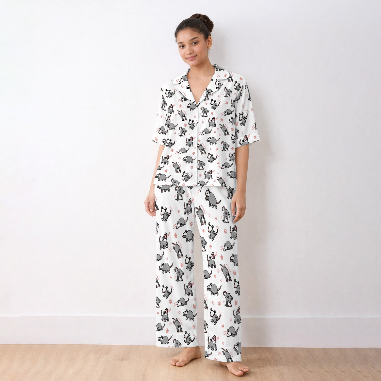 Playful Cartoon Opossum Character Pattern Pajama Set, Breathable Fabrics Uniform