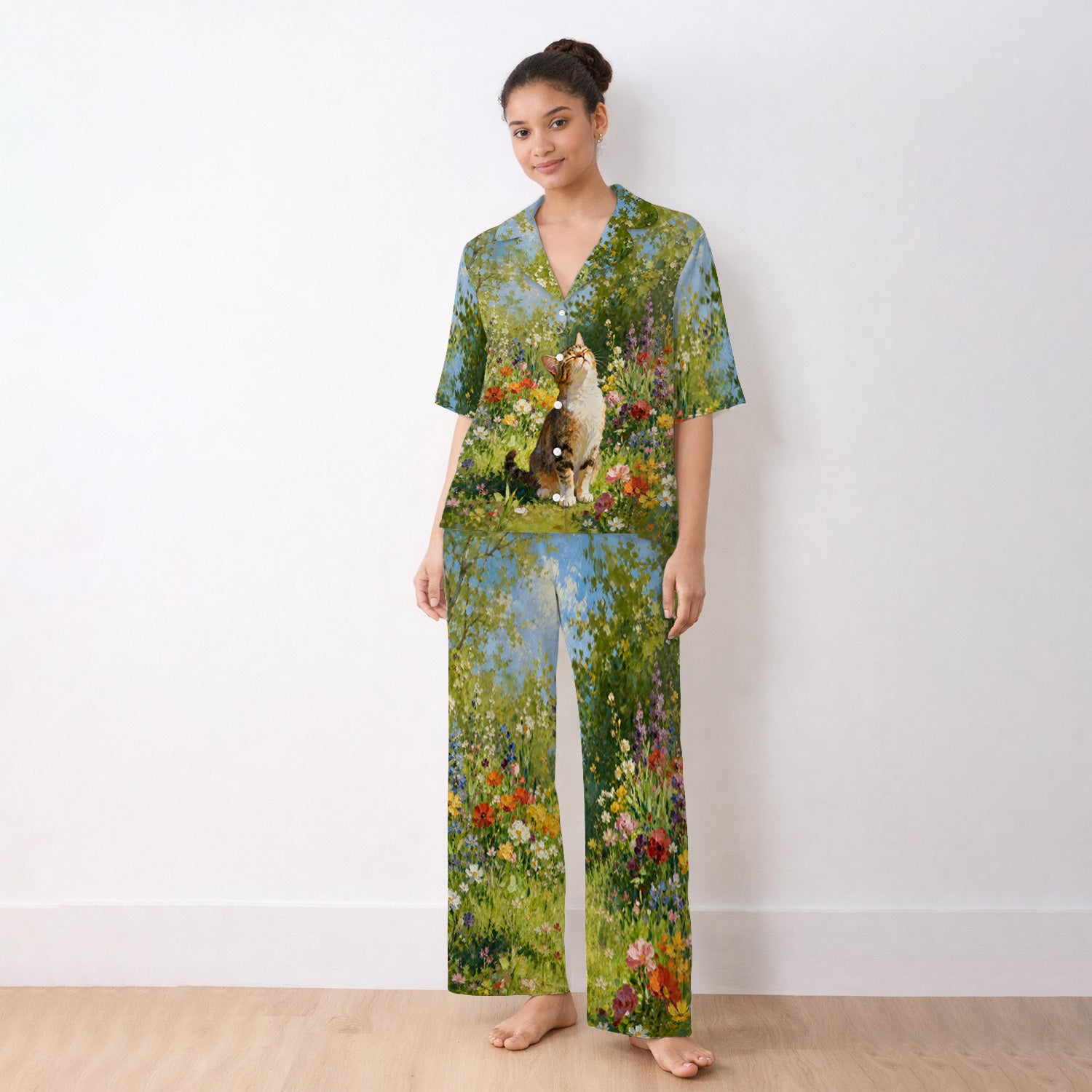 Whimsical Garden Cat Blossom Pattern Pajama Set, Soft Breathable Fabric Comfortable Sleepwear