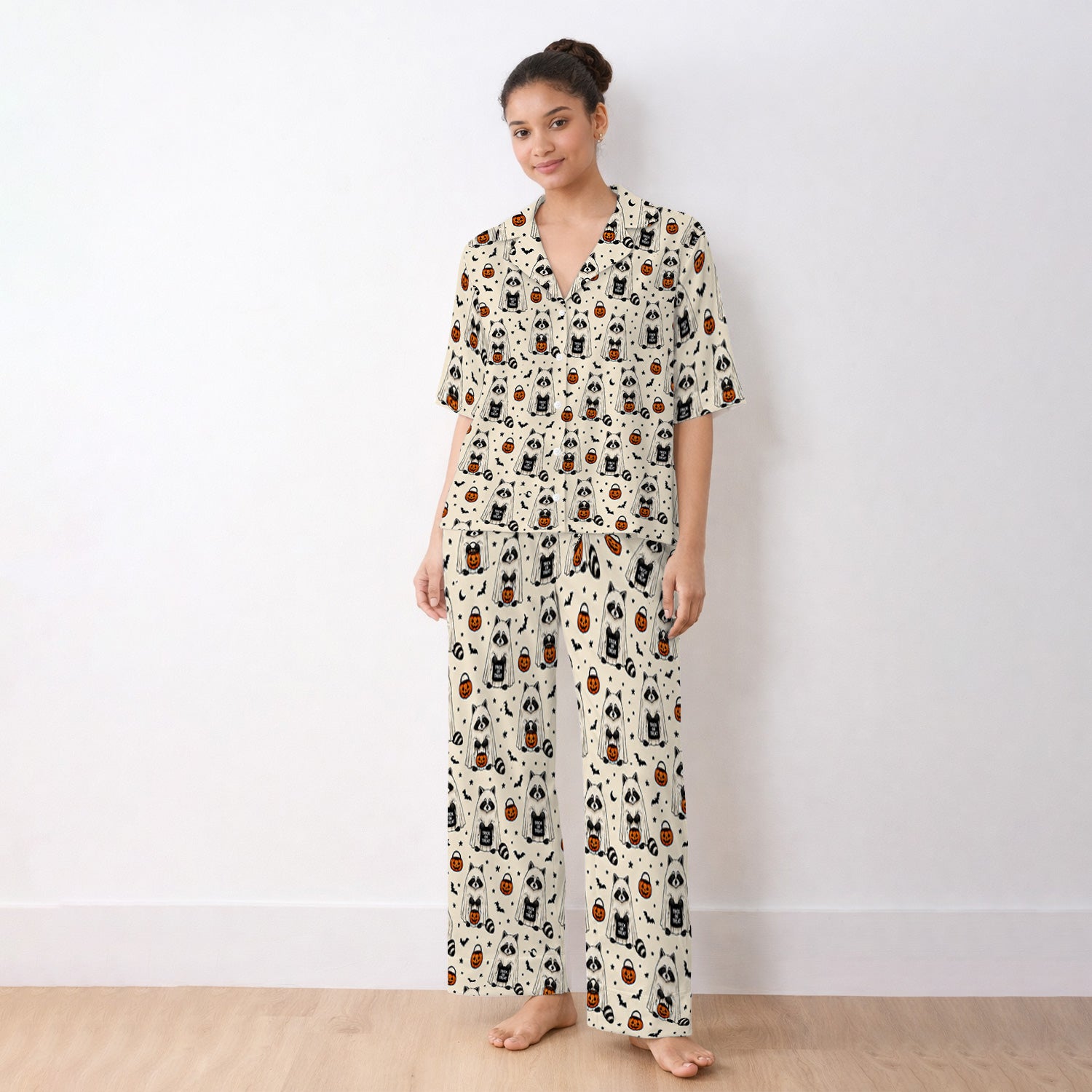 Cute Halloween Ghost Raccoon Pajama Set, Soft Breathable Fabric Comfortable Sleepwear