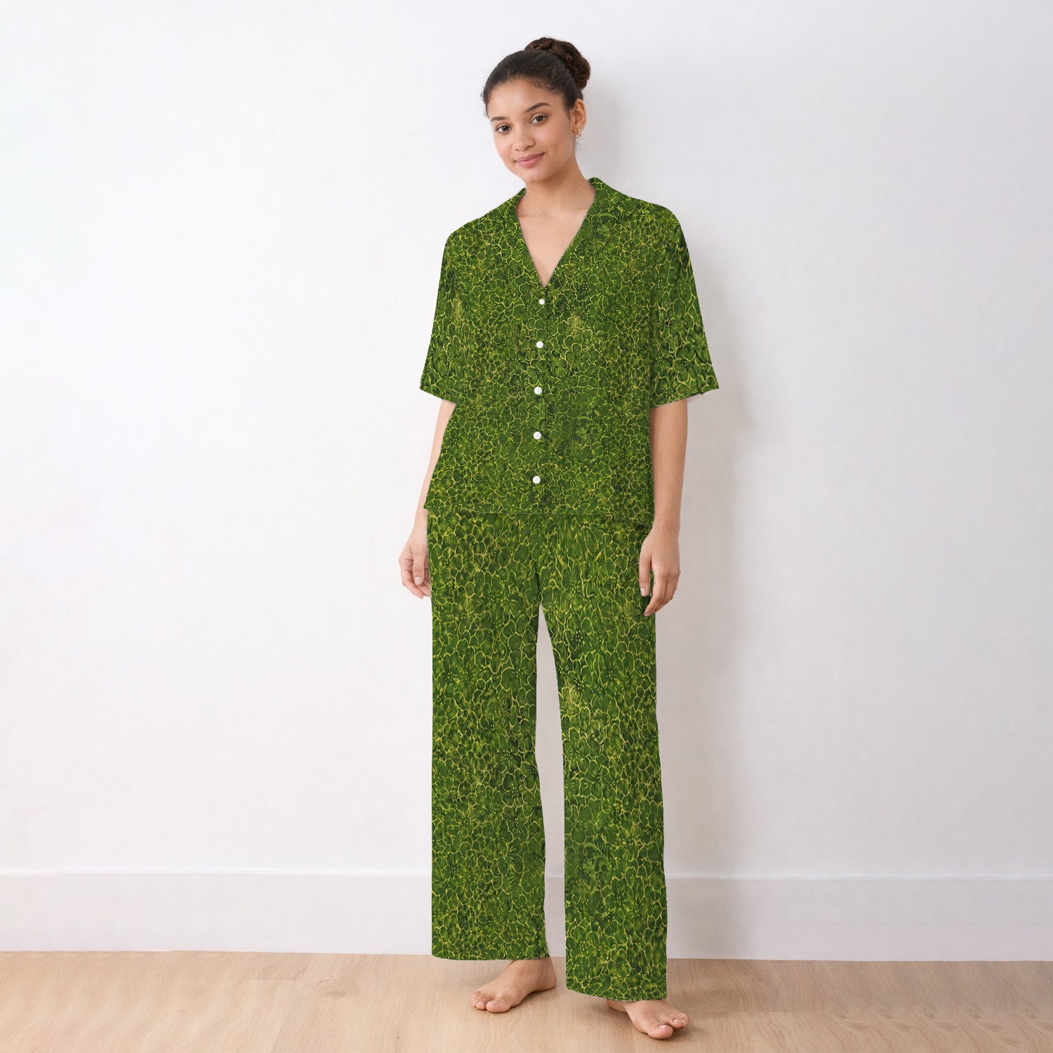 Green Floral Blossom Pattern Pajama Set, Soft Breathable Fabric Comfortable Sleepwear