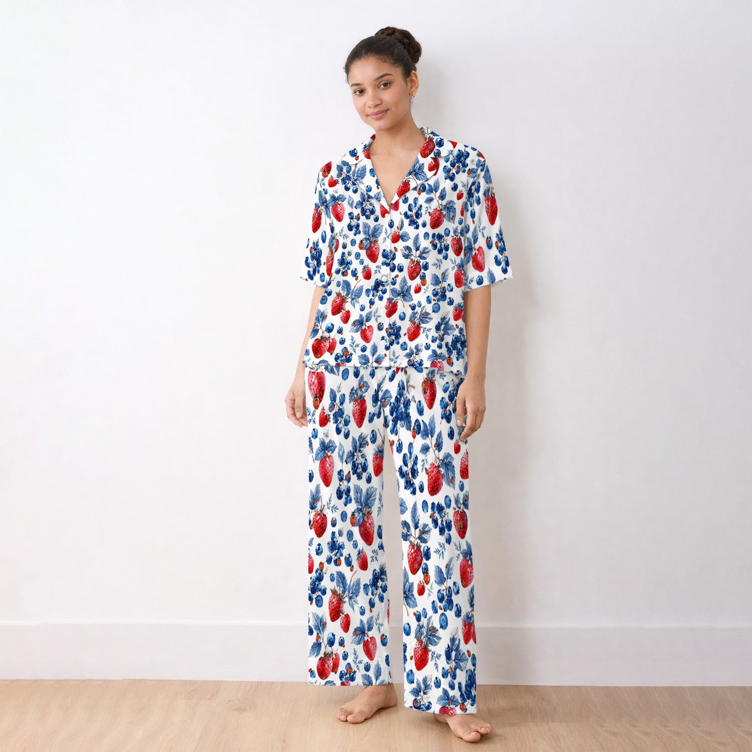 Cute Strawberry Blueberry Ladybug Pattern Pajama Set, Soft Breathable Fabric Comfortable Sleepwear