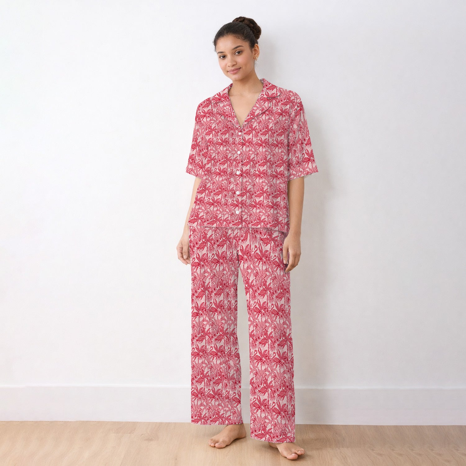 Tropical Flamingo Palm Leaves Pattern Pajama Set, Breathable Fabrics Uniform