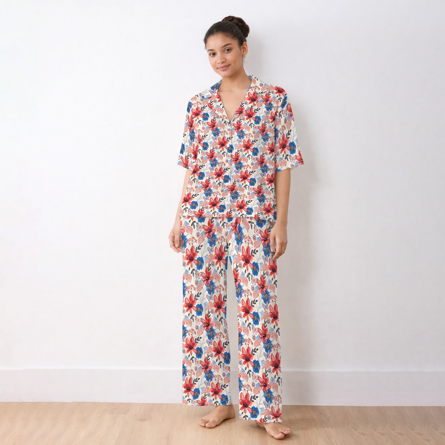 Patriotic Wildflower Flag Butterfly Pattern Pajama Set, Soft Breathable Fabric Comfortable Sleepwear