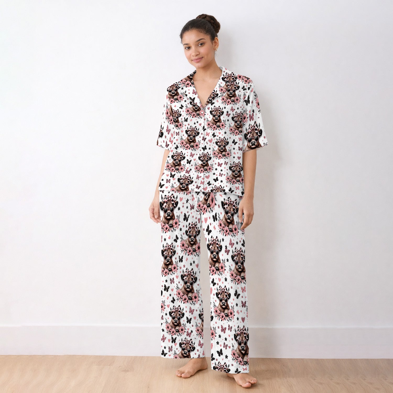 Cute Cow With Heart Sunglasses Pattern Pajama Set, Soft Breathable Fabric Comfortable Sleepwear