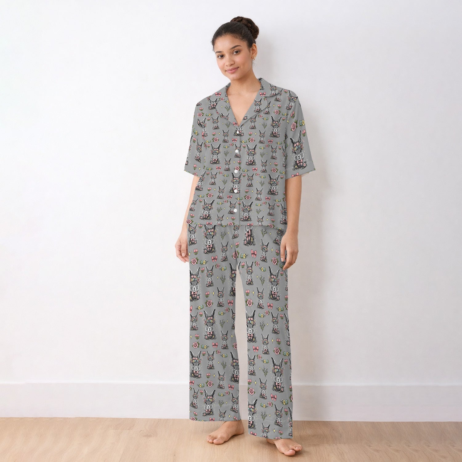 Easter Vintage Floral Bunny Print Pajama Set, Breathable Fabrics Uniform