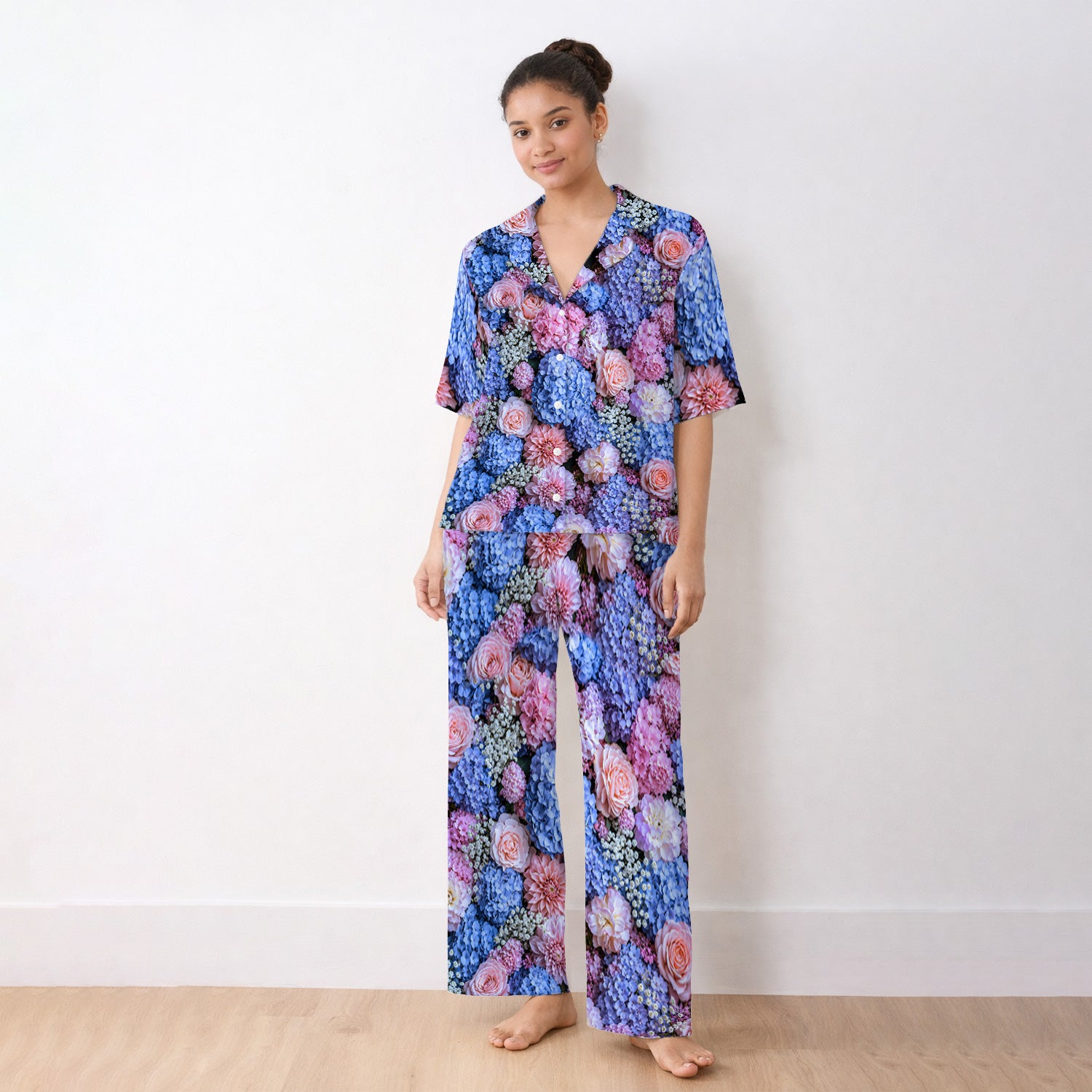 Cute Pastel Hydrangea Rose Blossom Pattern Pajama Set, Soft Breathable Fabric Comfortable Sleepwear