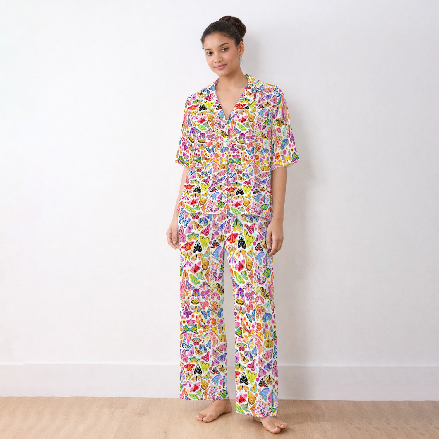 Cute Bright Butterfly Moth Floral Pajama Set, Soft Breathable Fabric Comfortable Sleepwear