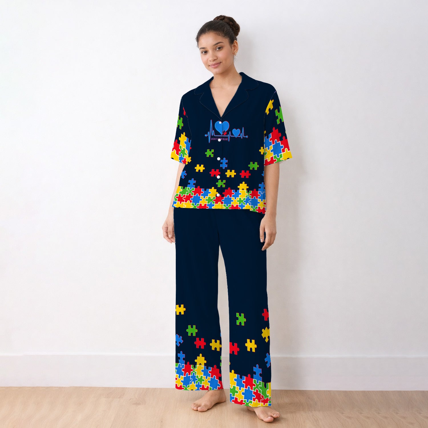 Autism Puzzle Heartbeat Light It Up Blue Print Pajama Set, Breathable Fabrics Uniform