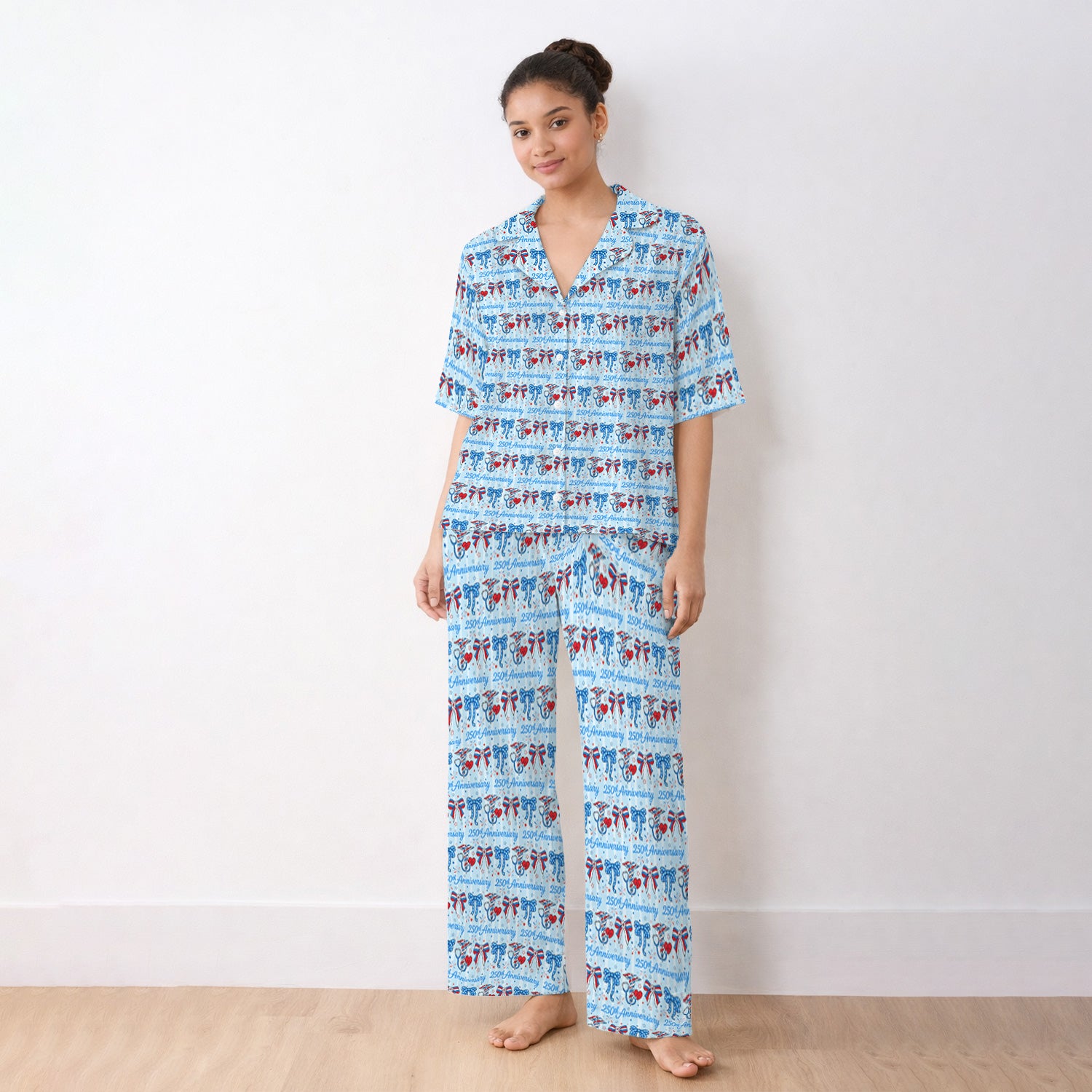 Festive 250th Anniversary Nurse Ribbon Heart Pattern Pajama Set, Soft Breathable Fabric Comfortable Sleepwear