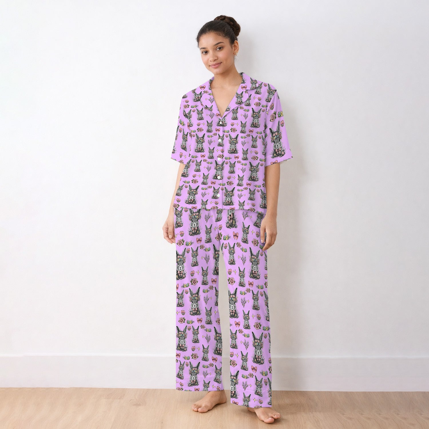 Easter Vintage Floral Bunny Print Pajama Set, Breathable Fabrics Uniform