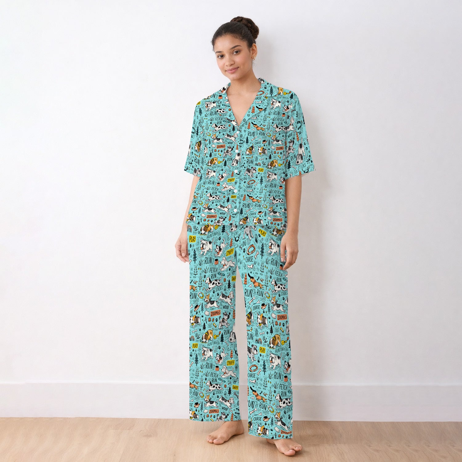 Playful Cartoon Puppy Adventure Pattern Pajama Set, Soft Breathable Fabric Comfortable Sleepwear
