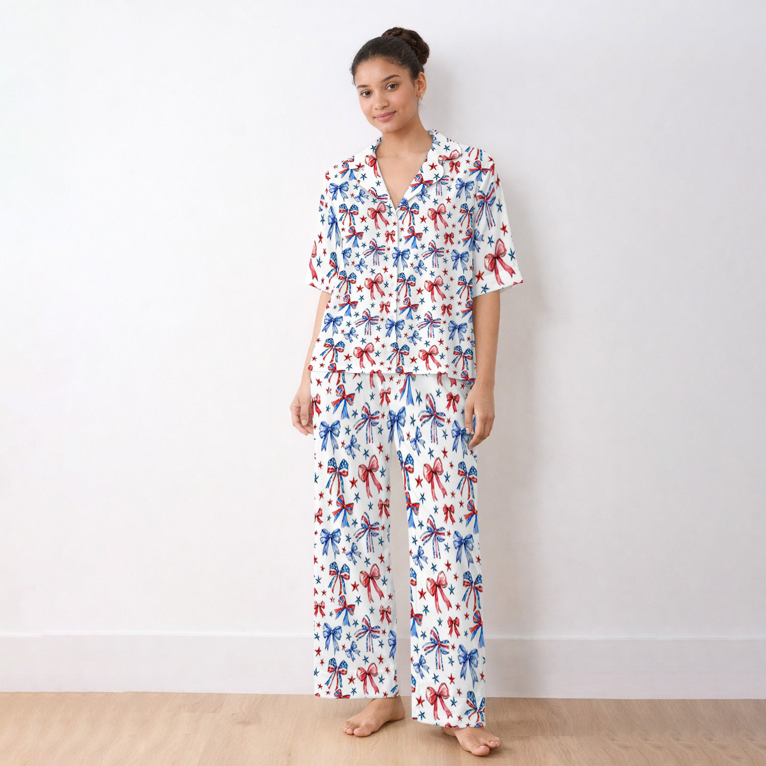 Festive Patriotic Ribbon Bow Star Pattern Pajama Set, Soft Breathable Fabric Comfortable Sleepwear