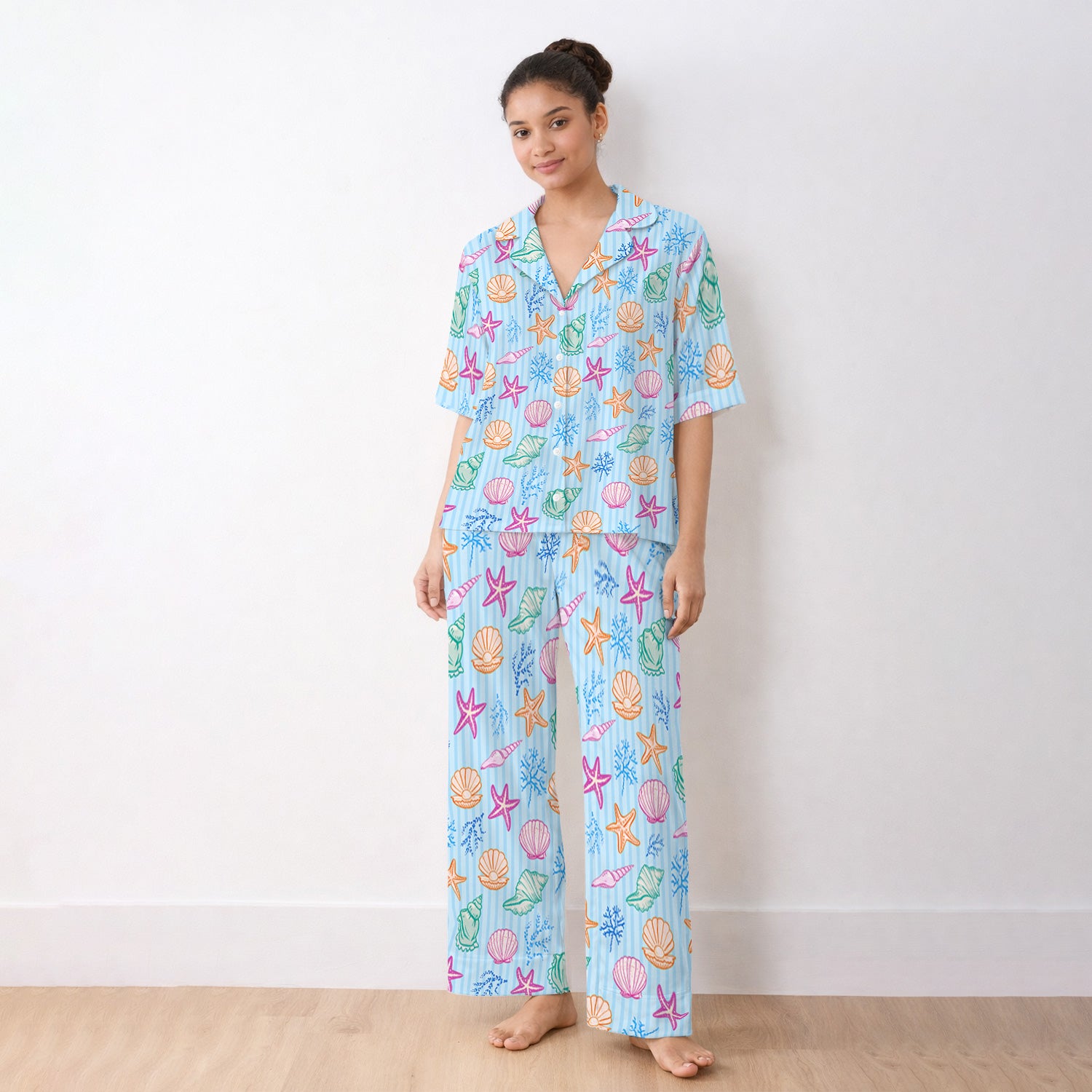Colorful Seashell Starfish Ocean Stripe Pattern Pajama Set, Breathable Fabrics Uniform