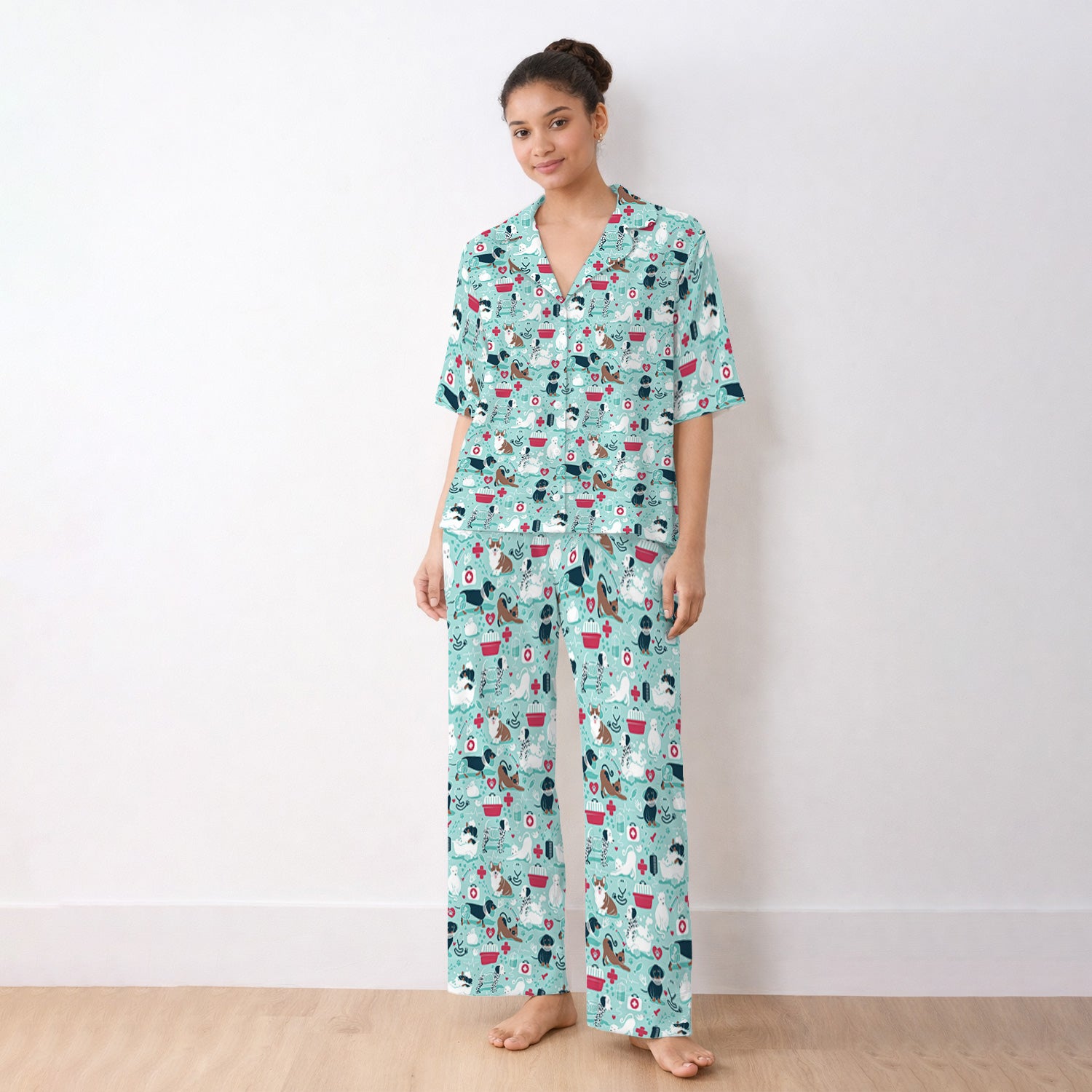 Dogs With Veterinary Tools And Paw Print Pajama Set, Breathable Fabrics Uniform