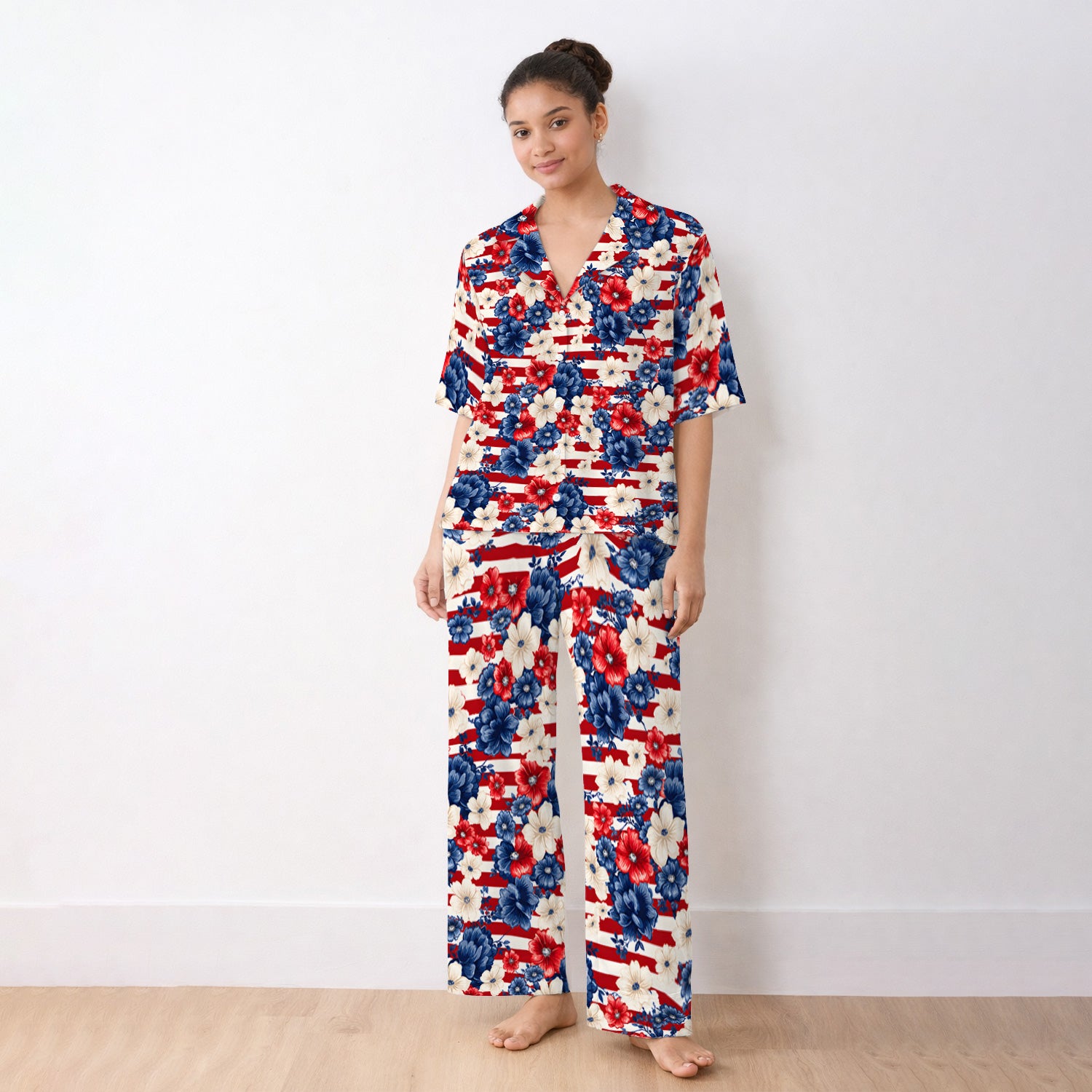 Patriotic Floral Nurse for RN & CNA, American Flag Healthcare Workers Medical Uniform Pajama Set, Soft Breathable Fabric Comfortable Sleepwear