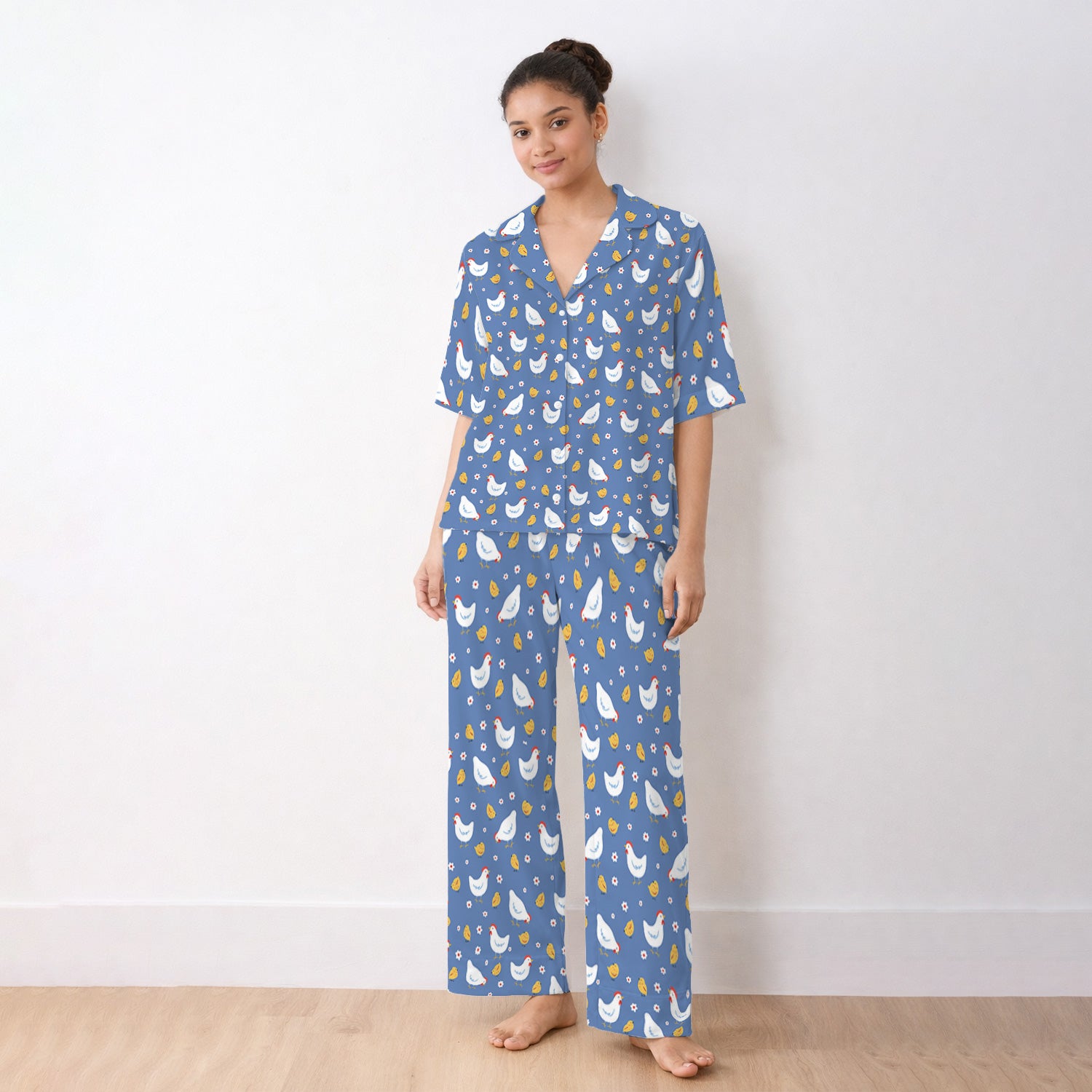 Chicken And Cute Chicks Pattern Pajama Set, Breathable Fabrics Uniform