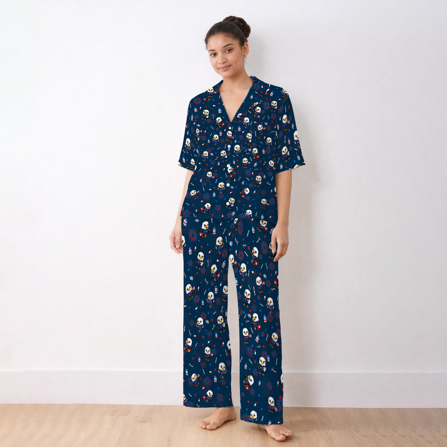 Patriotic Nurse Eagle Fireworks Medical Pattern Pajama Set, Breathable Fabrics Uniform