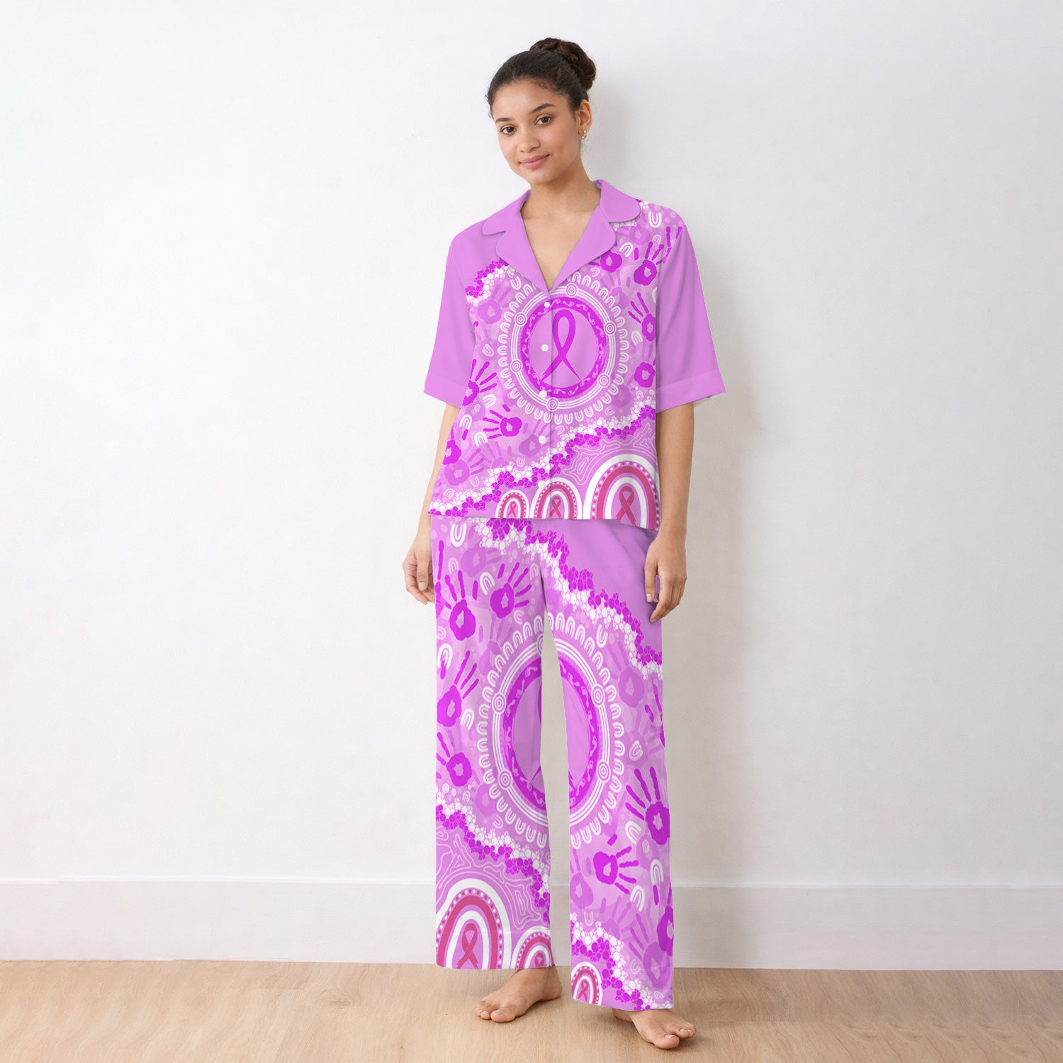 Meaningful Pink Ribbon Pajama Set, Soft Breathable Fabric Comfortable Sleepwear