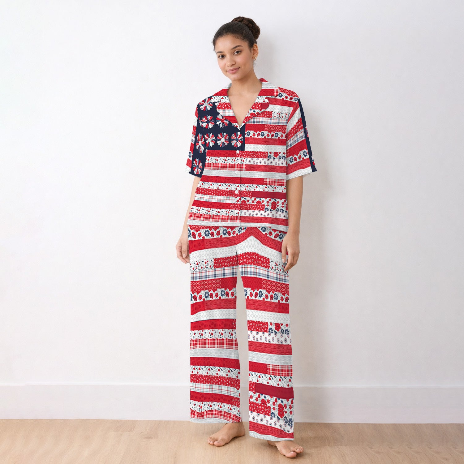 Patriotic Floral Flag Patchwork Pattern Pajama Set, Soft Breathable Fabric Comfortable Sleepwear