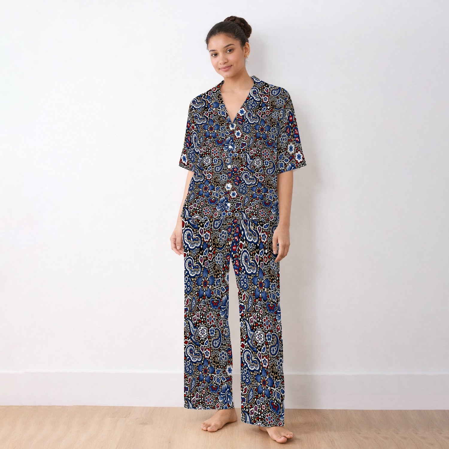 Classic Paisley Floral Pattern Pajama Set, Soft Breathable Fabric Comfortable Sleepwear
