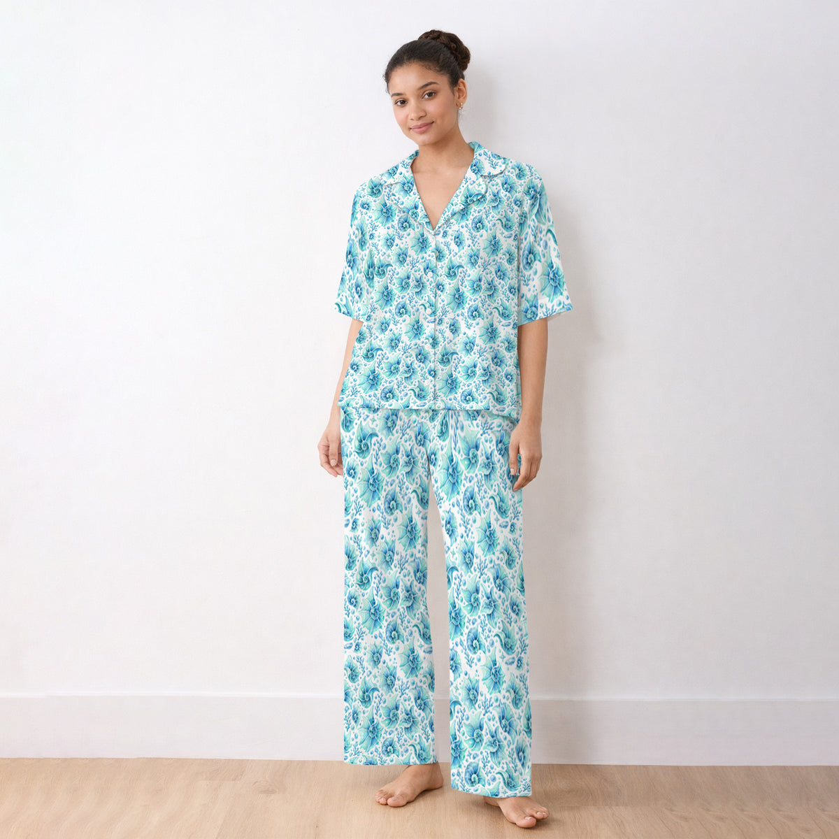 Blue Watercolor Seashell Pattern Pajama Set, Soft Breathable Fabric Comfortable Sleepwear