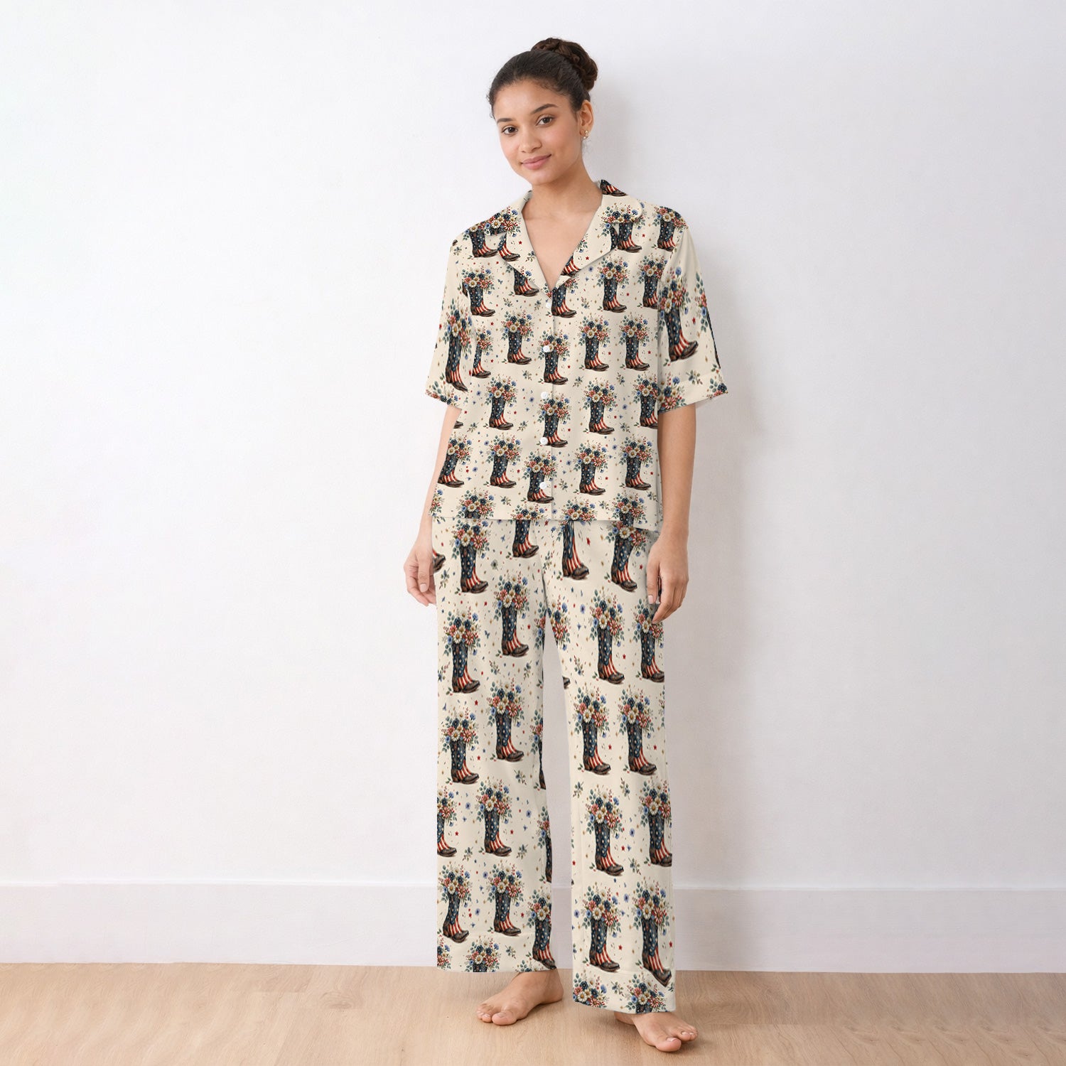 Festive Patriotic Cowboy Boots Flower Pattern Pajama Set, Soft Breathable Fabric Comfortable Sleepwear