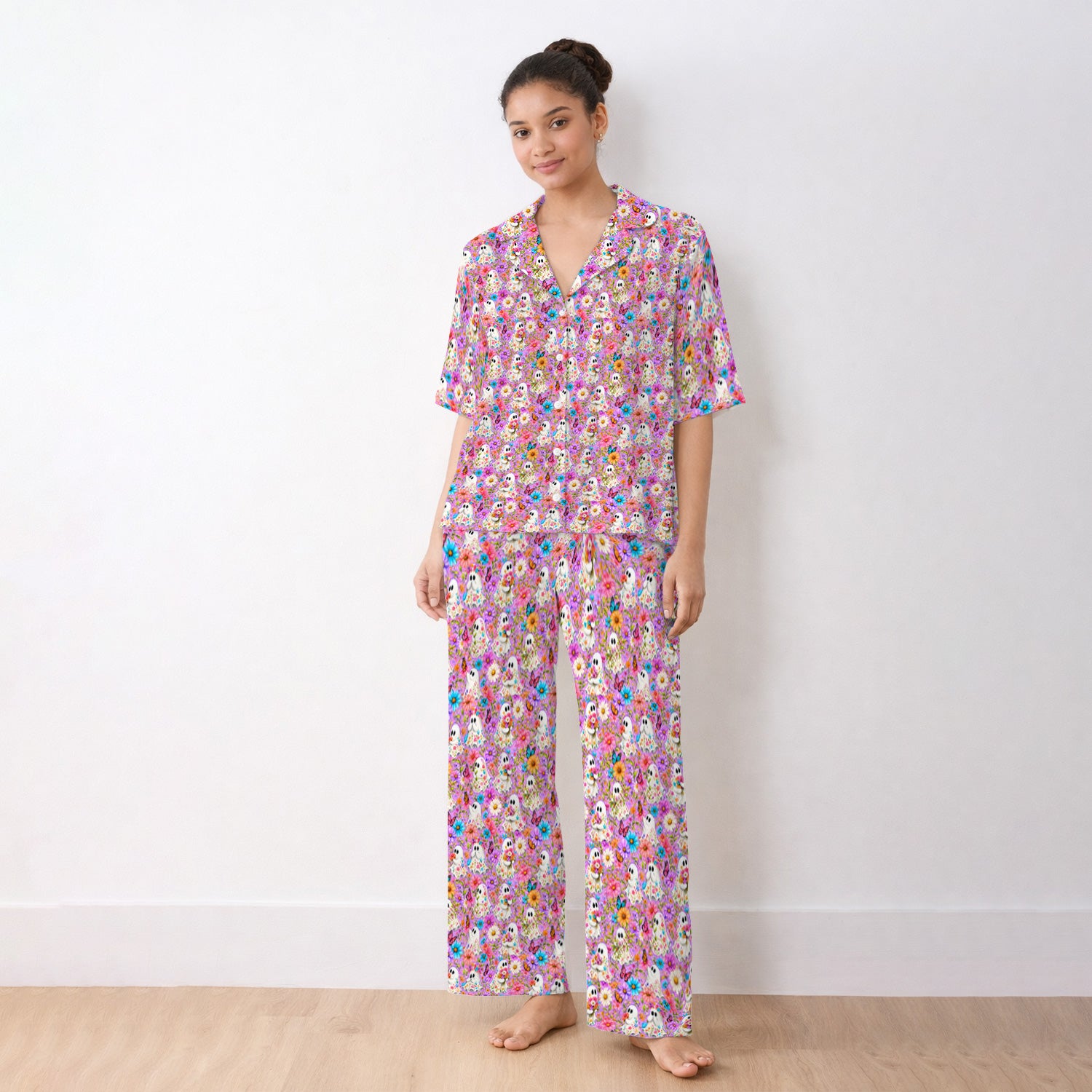 Cute Halloween Floral Ghosts And Butterflies Pajama Set, Soft Breathable Fabric Comfortable Sleepwear