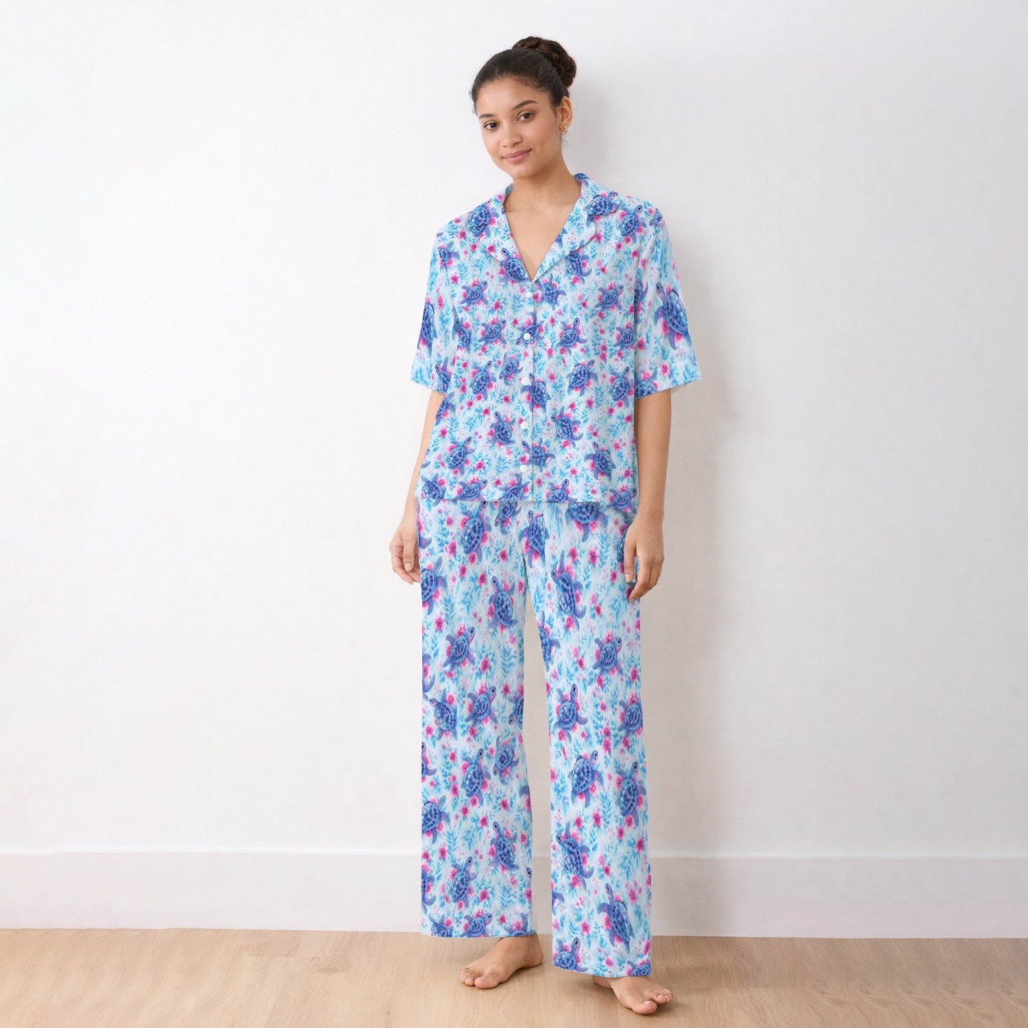 Cute Sea Turtle Floral Print Pajama Set, Soft Breathable Fabric Comfortable Sleepwear