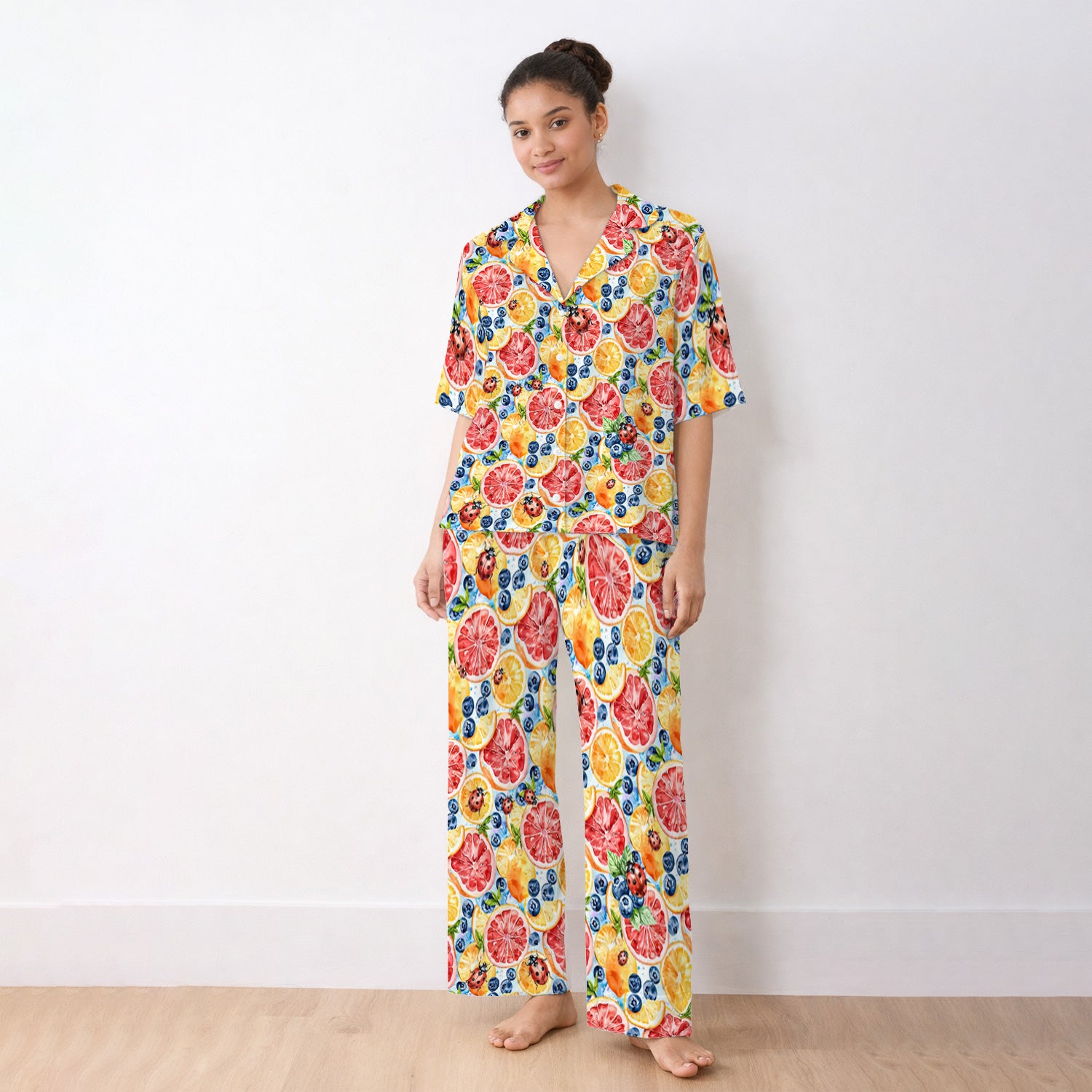 Cute Citrus Berry Ladybug Pattern Pajama Set, Soft Breathable Fabric Comfortable Sleepwear