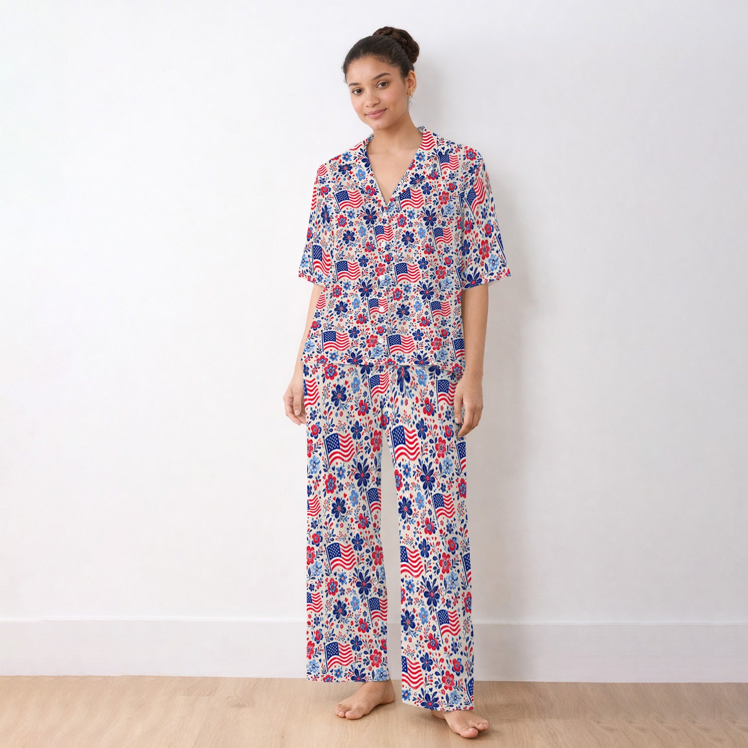 Patriotic Flag Floral Nurse Pattern Pajama Set, Soft Breathable Fabric Comfortable Sleepwear