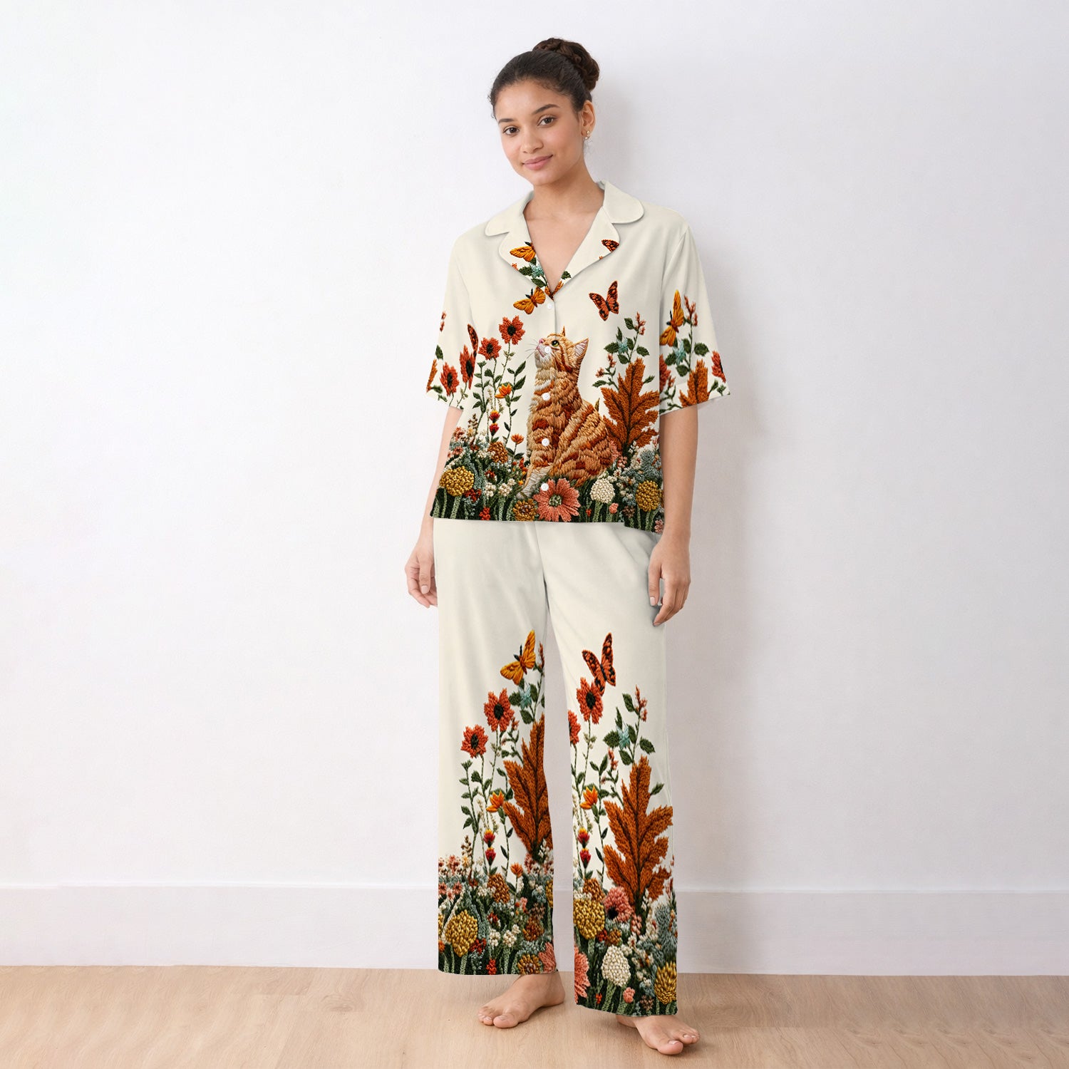 Embroidered Orange Cat Wildflower Pattern Pajama Set, Soft Breathable Fabric Comfortable Sleepwear