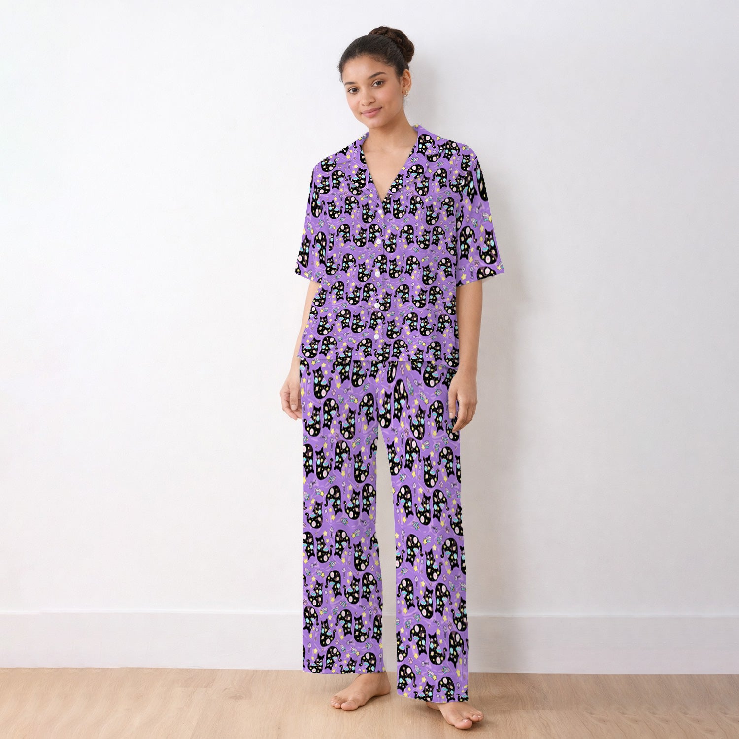 Galaxy Black Cat Space Pattern Pajama Set, Breathable Fabrics Uniform