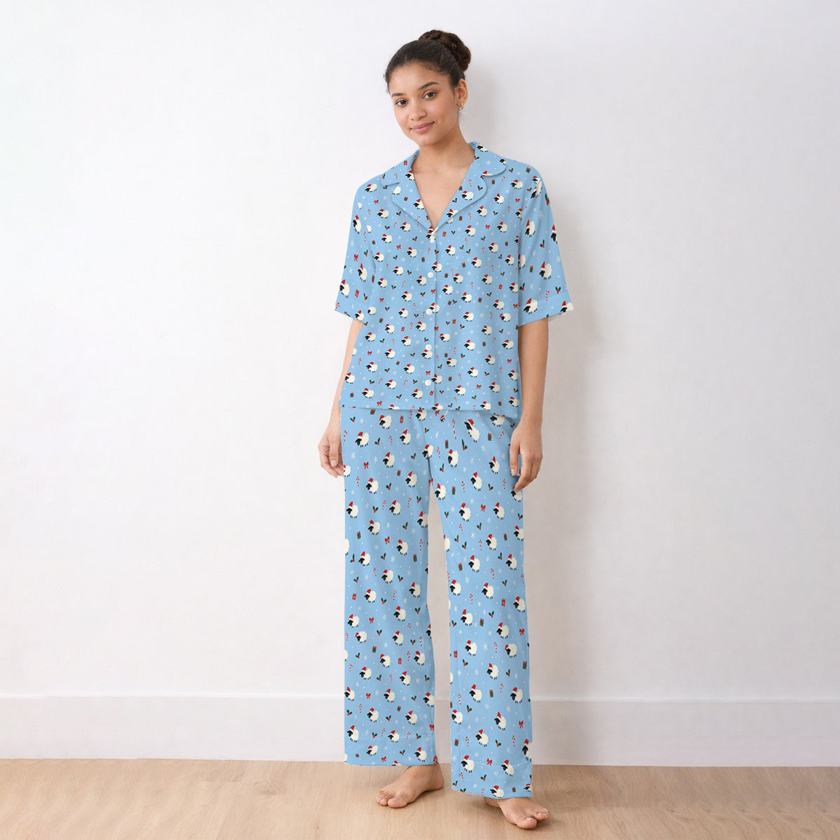 Cute Christmas Sheep Pattern Pajama Set, Soft Breathable Fabric Comfortable Sleepwear