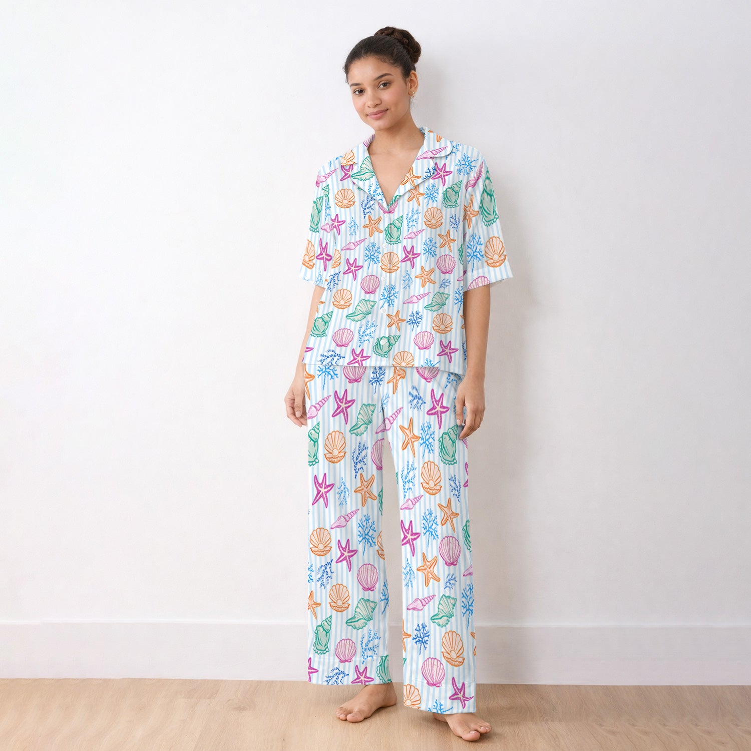 Colorful Seashell Starfish Ocean Stripe Pattern Pajama Set, Breathable Fabrics Uniform