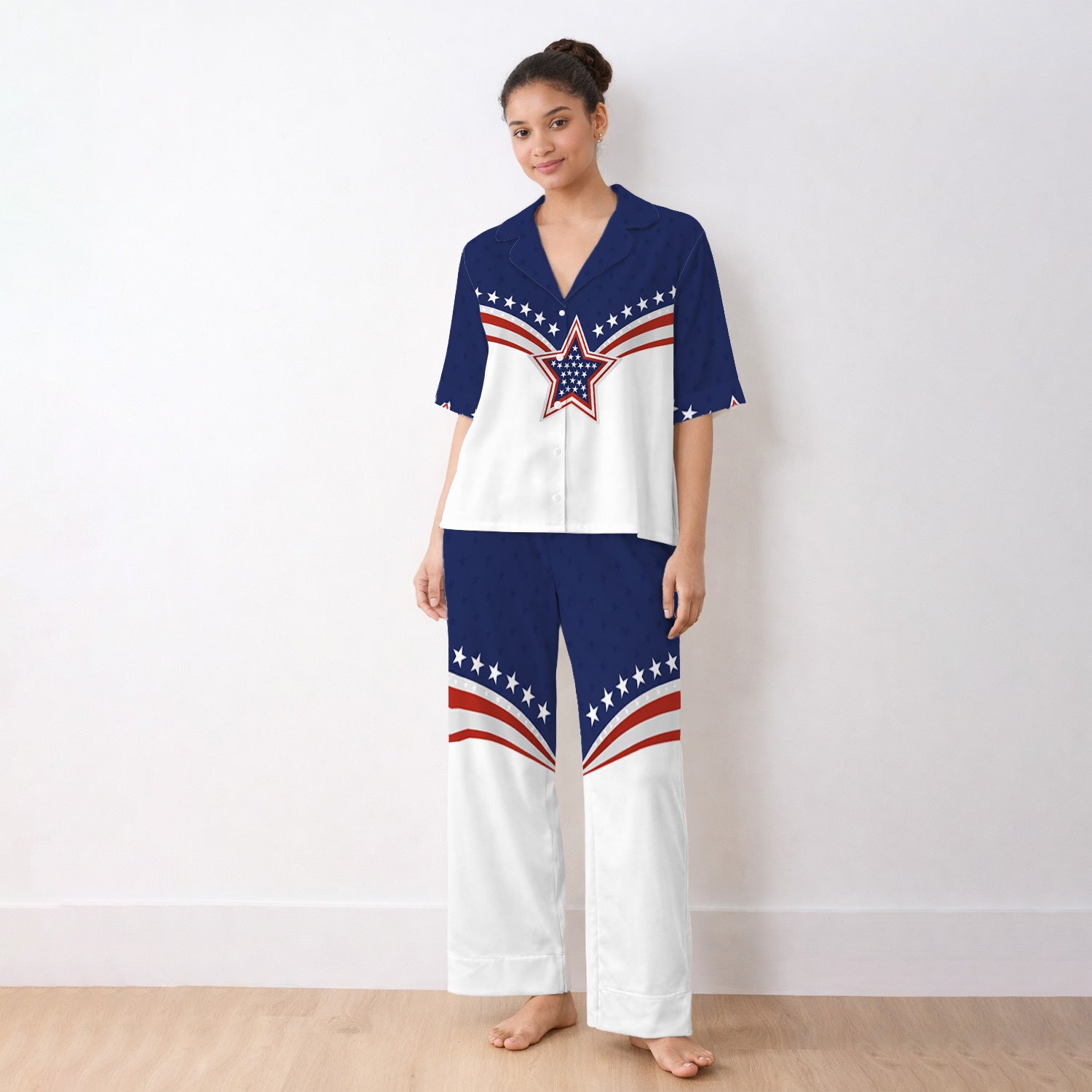 Patriotic American Flag Star Pattern Pajama Set, Soft Breathable Fabric Comfortable Sleepwear