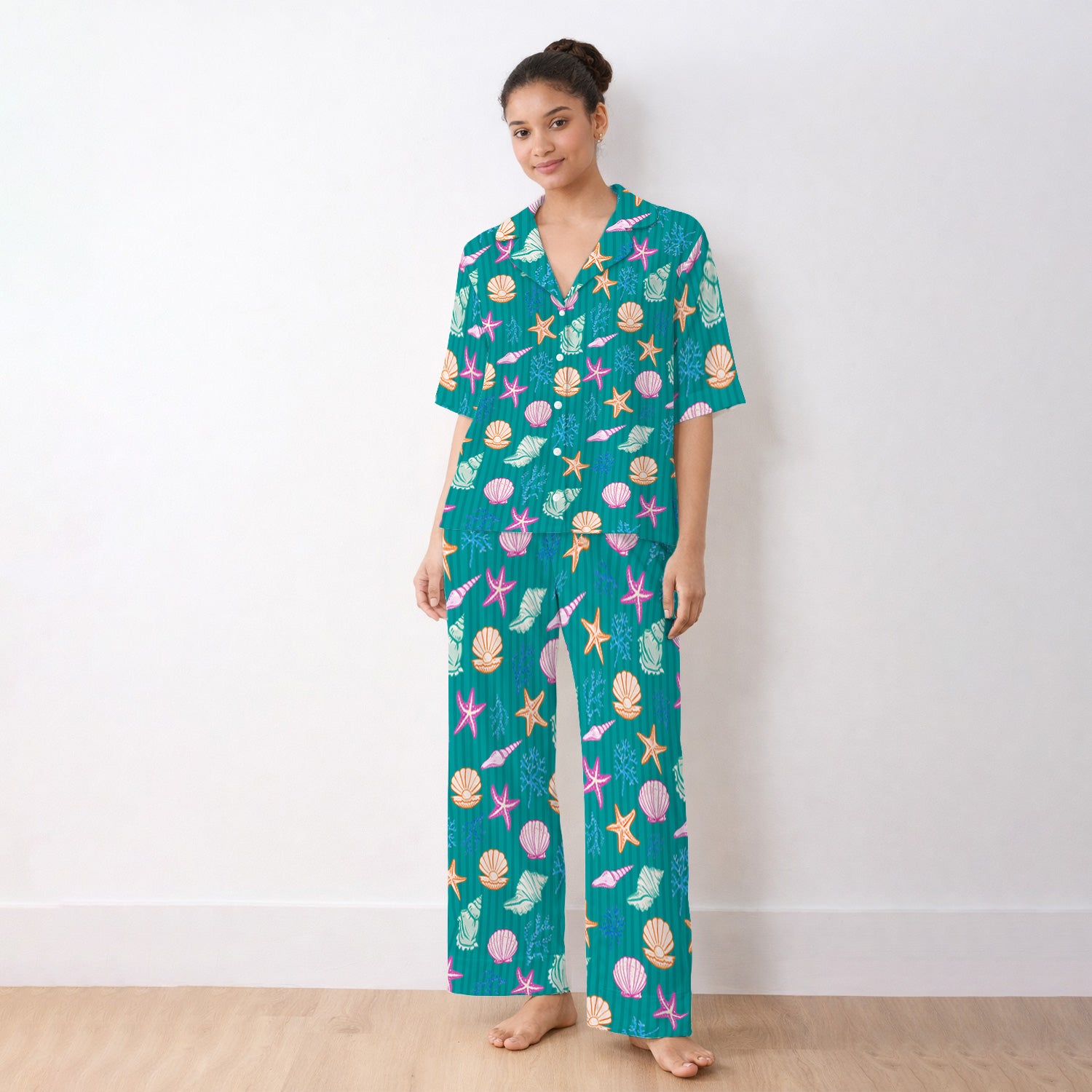 Colorful Seashell Starfish Ocean Stripe Pattern Pajama Set, Breathable Fabrics Uniform