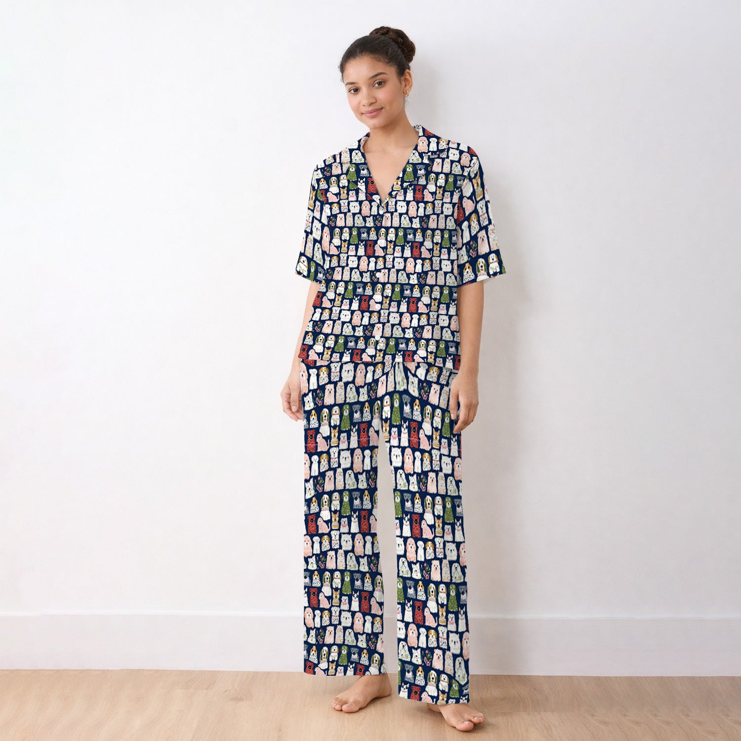 Cute Cartoon Dog Breeds Pattern Pajama Set, Breathable Fabrics Uniform