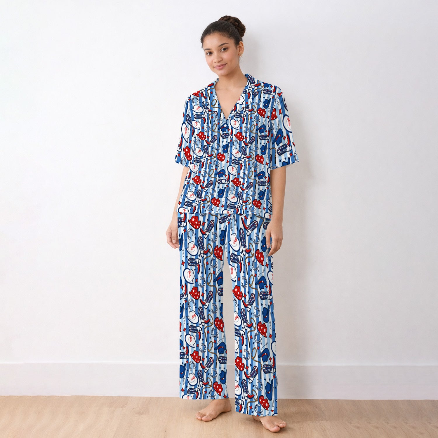 Western Cowboy Boots And Hats PrintPajama Set, Soft Breathable Fabric Comfortable Sleepwear