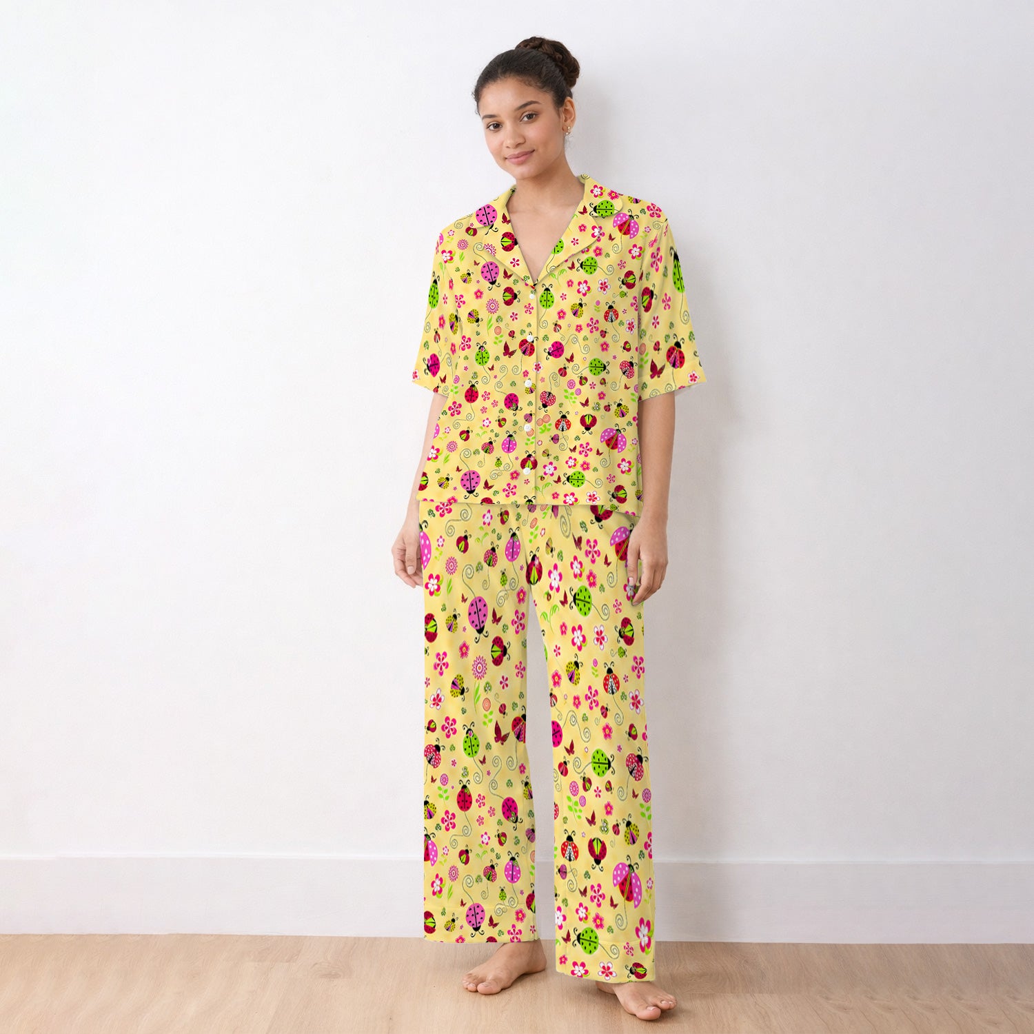 Yellow Ladybug Floral Garden Pattern Pajama Set, Soft Breathable Fabric Comfortable Sleepwear