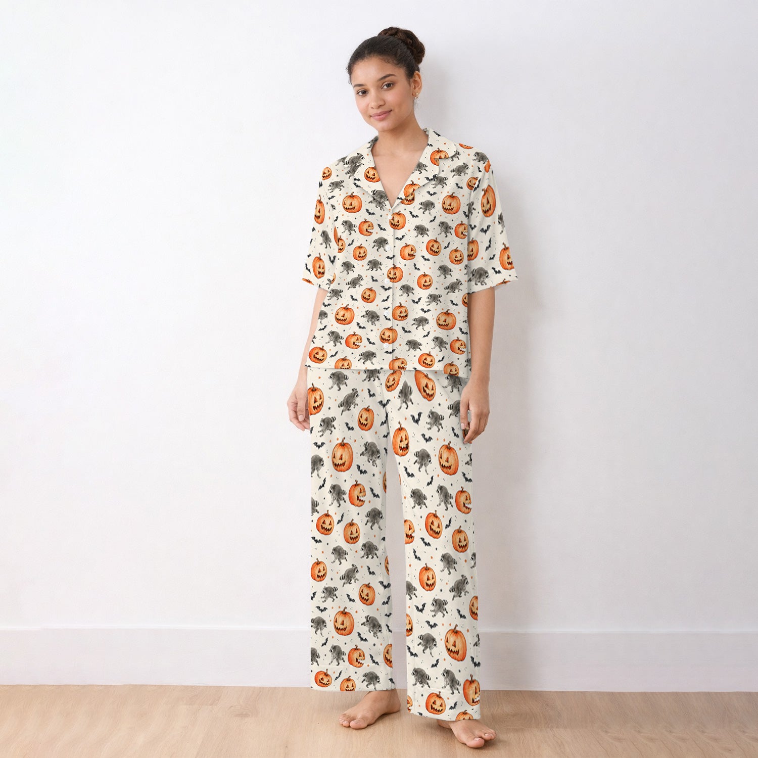 Spooky Halloween Raccoon And Pumpkin Pajama Set, Soft Breathable Fabric Comfortable Sleepwear