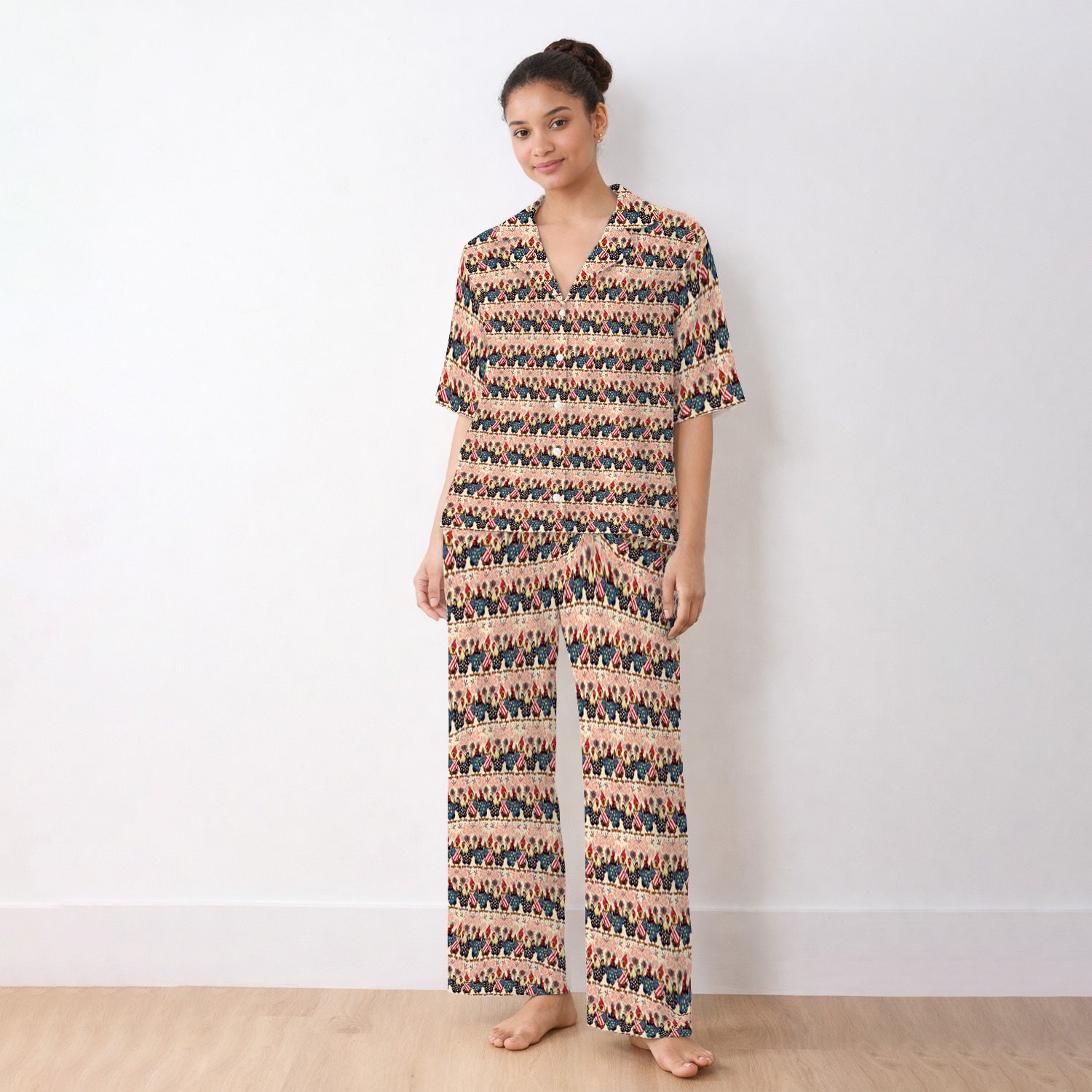 Patriotic Rooster Fireworks Pattern Pajama Set, Breathable Fabrics Uniform
